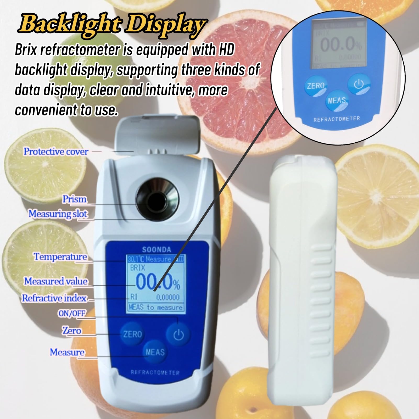 Refractómetro Digital Brix, Velocidad de Medición Rápida Alta Precisión 0-55% Pantalla Retroiluminada HD Medidor Brix para Frutas para Bebidas para Medir el Contenido de Azúcar