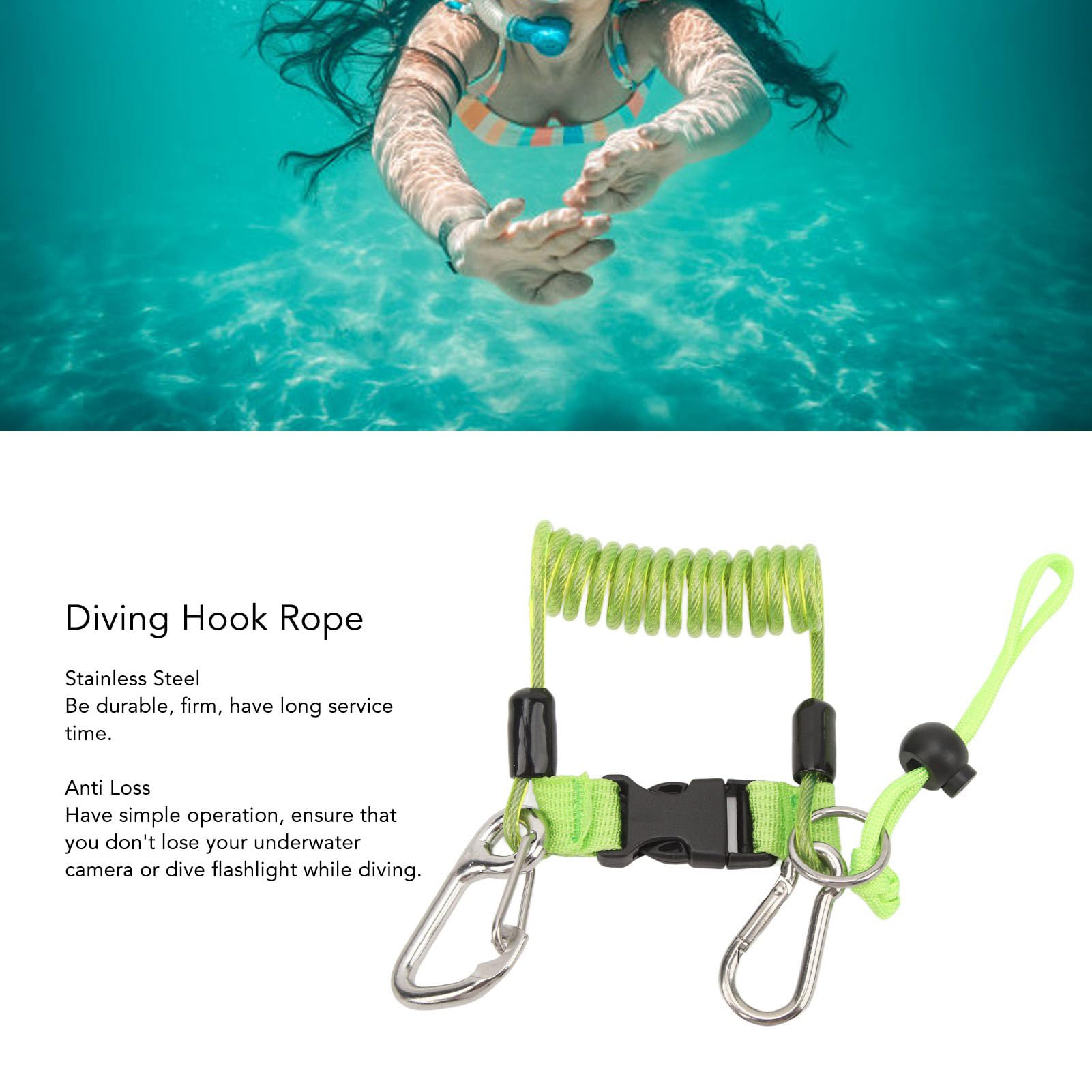 cardyven Scuba Diving Hook Rope, Stainless Steel Spring Coiled Lanyard Flexible Anti Lost Diving Camera Rope Diving Reef Hook Spring Rope with Quick Release Buckle (Green)