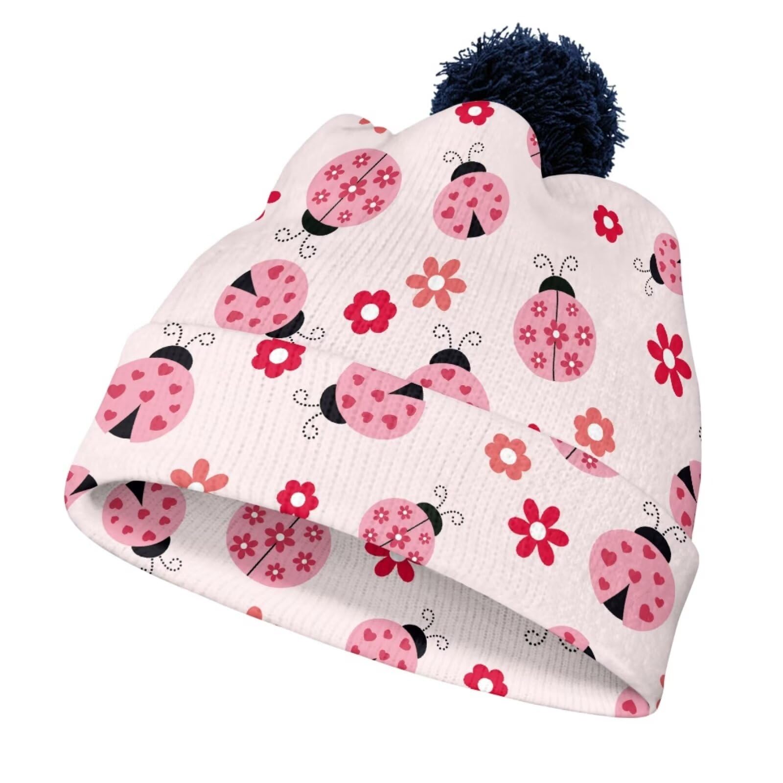 ORGYPET Ladybug Floral Children's Woolen Hat with Ball Beanies for Boys Colorful Vibrant Toddler Beanie Winter Hats for Kids Children's Woolen Hat with Ball for Everyday Wear