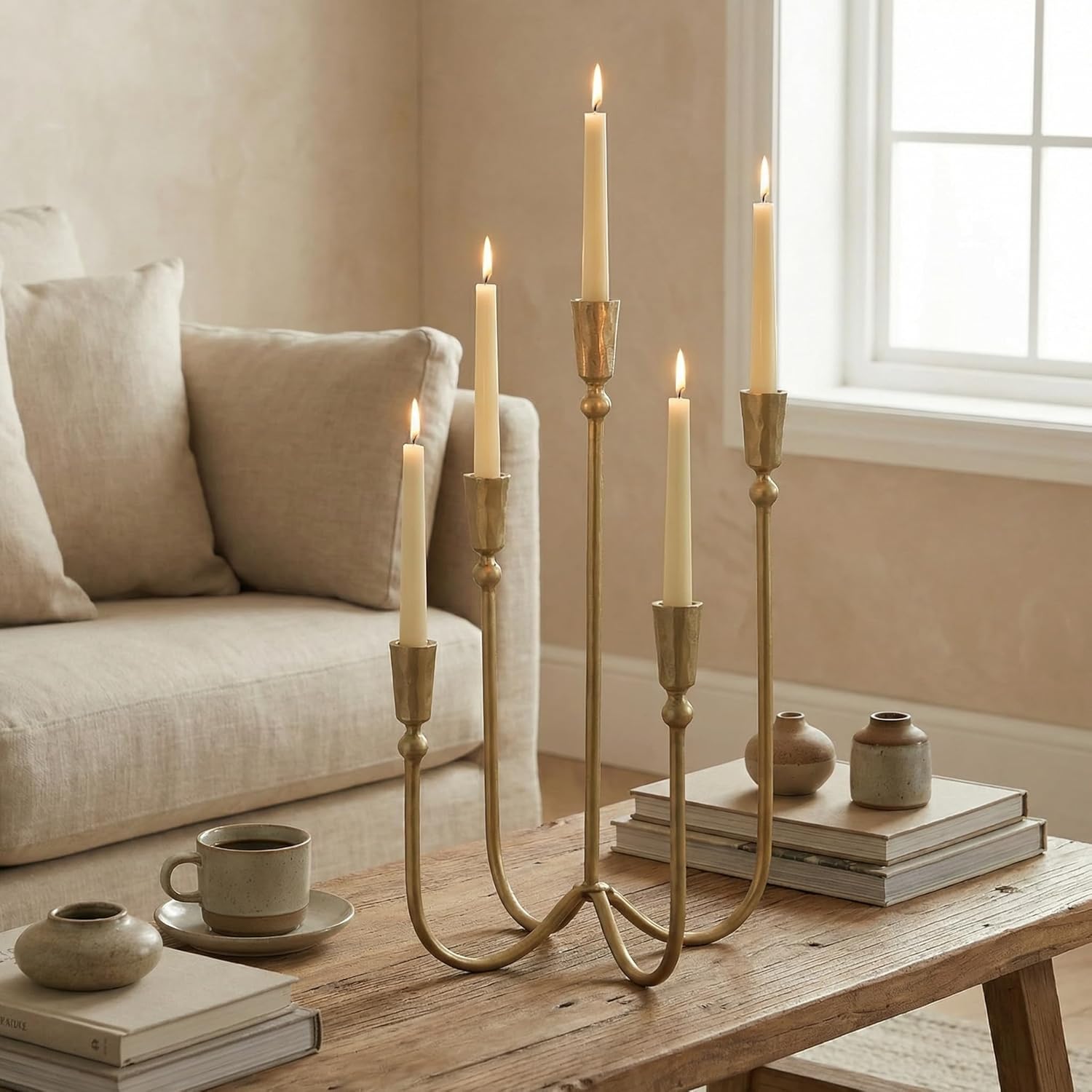Large Iron Candelabra Centerpieces for Tables, 17.7'' Tall Taper Candle Holders, Vintage Brass Gold Candlestick Holders, Antique Fireplace Mantel Decorations for Living Room, 5 Arms
