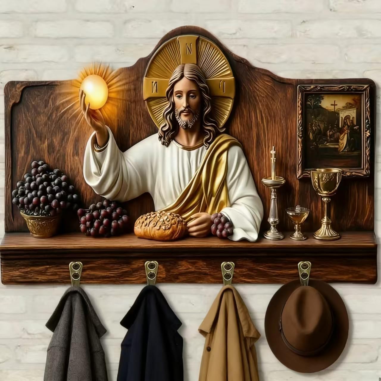 Wooden Multifunctional Home Key Holder, Wooden Keys Holder with Jesus Communion Theme, Religious Christian Home Decor Wall Mount, Multifunctional Organizer with Hooks