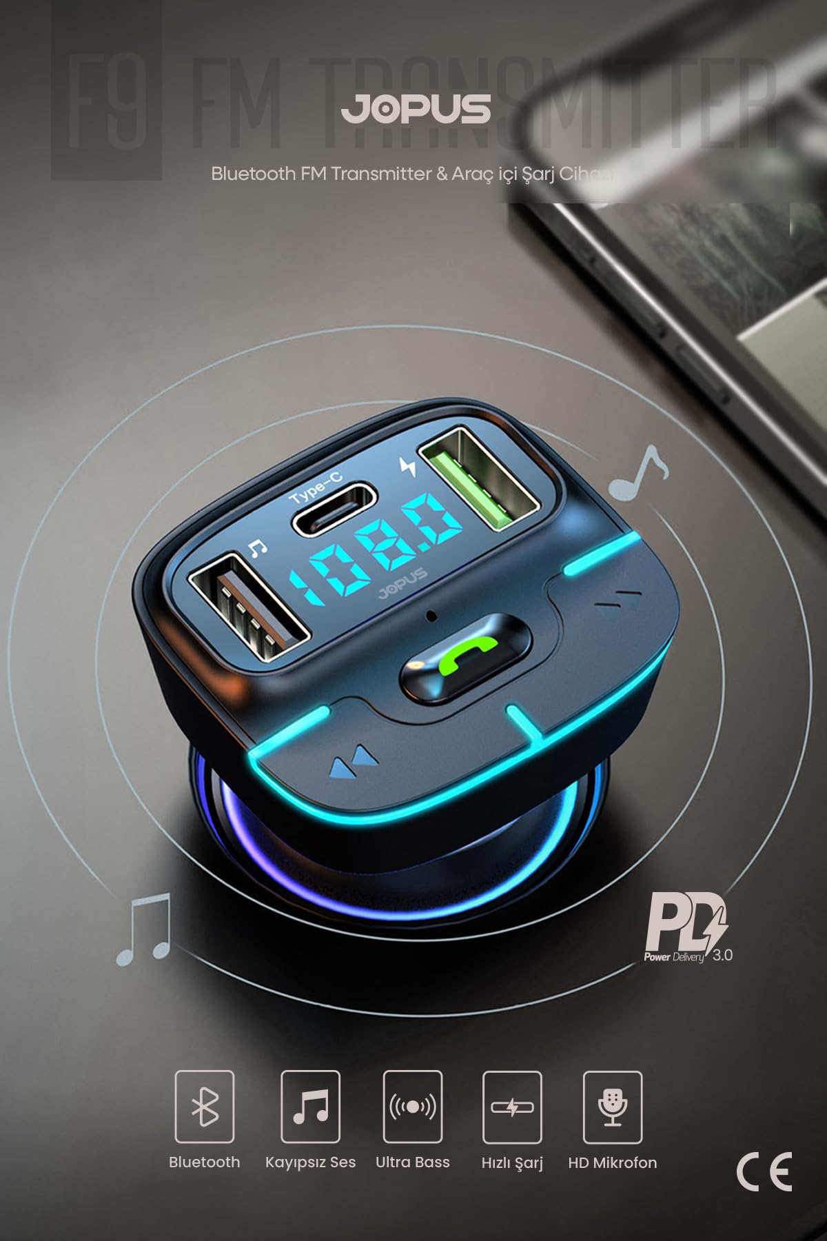 Jopus Bluetooth FM Transmitter Araç Kiti, Hızlı Şarj, USB, Type-C, HD Mikrofon, 9914