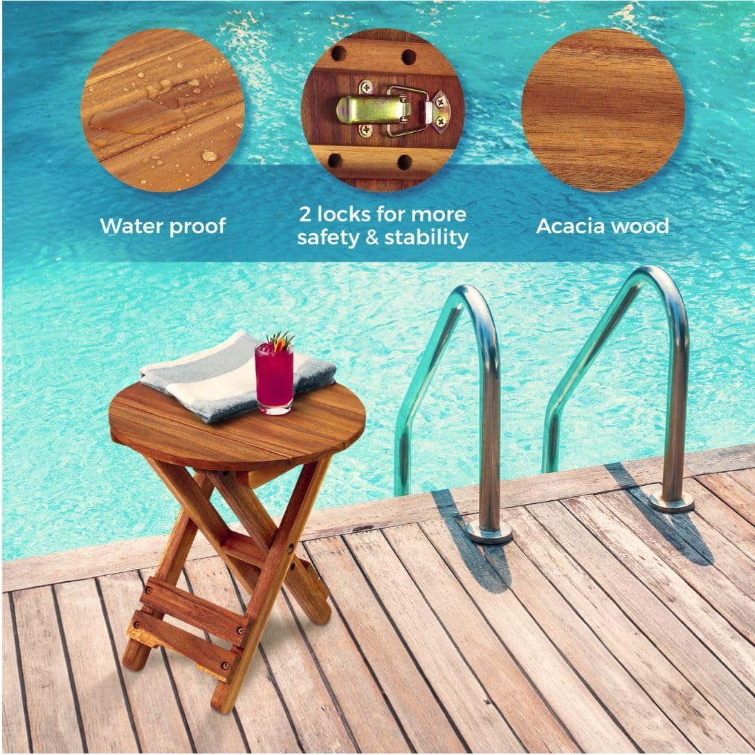Small Patio Table, Outdoor Folding Side Table, Portable Side Table, Small Side Table, Accent Table, Small Coffee End Table, Wood Table Top for Living Room, Bedroom... (Round - Acacia - Set 2)