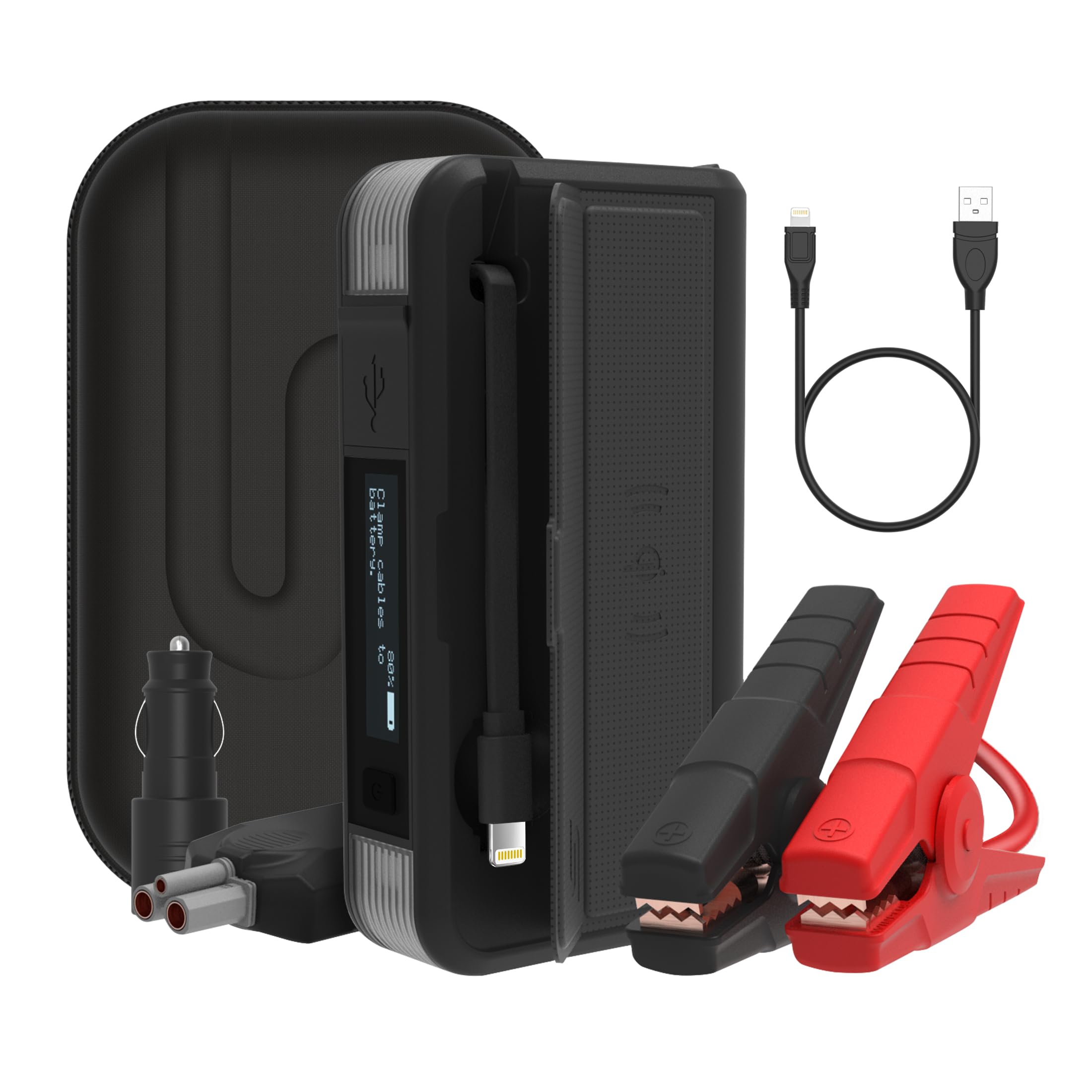 Type S Dynamic Plus DP10C Car Jump Starter Portable – UL Listed 12V 8000mAh for 6L Gas/3L Diesel, Built-in Lightning + Qi Charging, Multi-Language LCD, Emergency Hazard Lights (Black, Lightning)