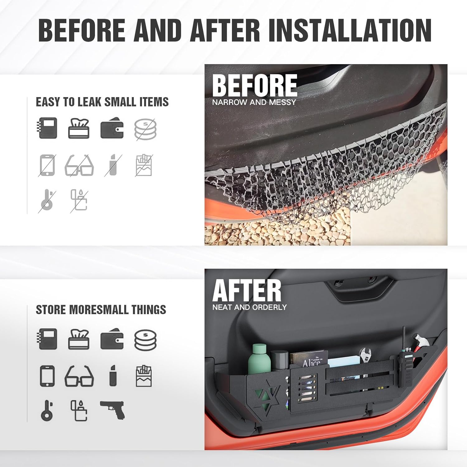 Front Door Storage Pockets Box Compatible with 2018-2026 Jeep Wrangler JL JLU 4XE & 2020-2026 Gladiator JT for Manual/Power Seats, Side Door Insert Organizer Molle Panels Accessories (2PCS)