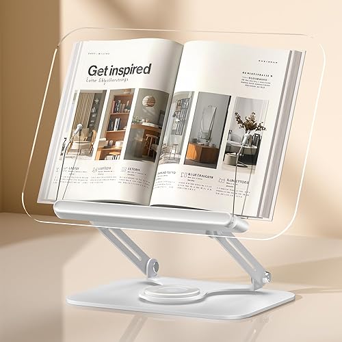 Miniatura 12 de ASIEIT Soporte de acrílico para libros con almacenamiento, soporte ajustable para libros con bases giratorias de 360° y clips elásticos para