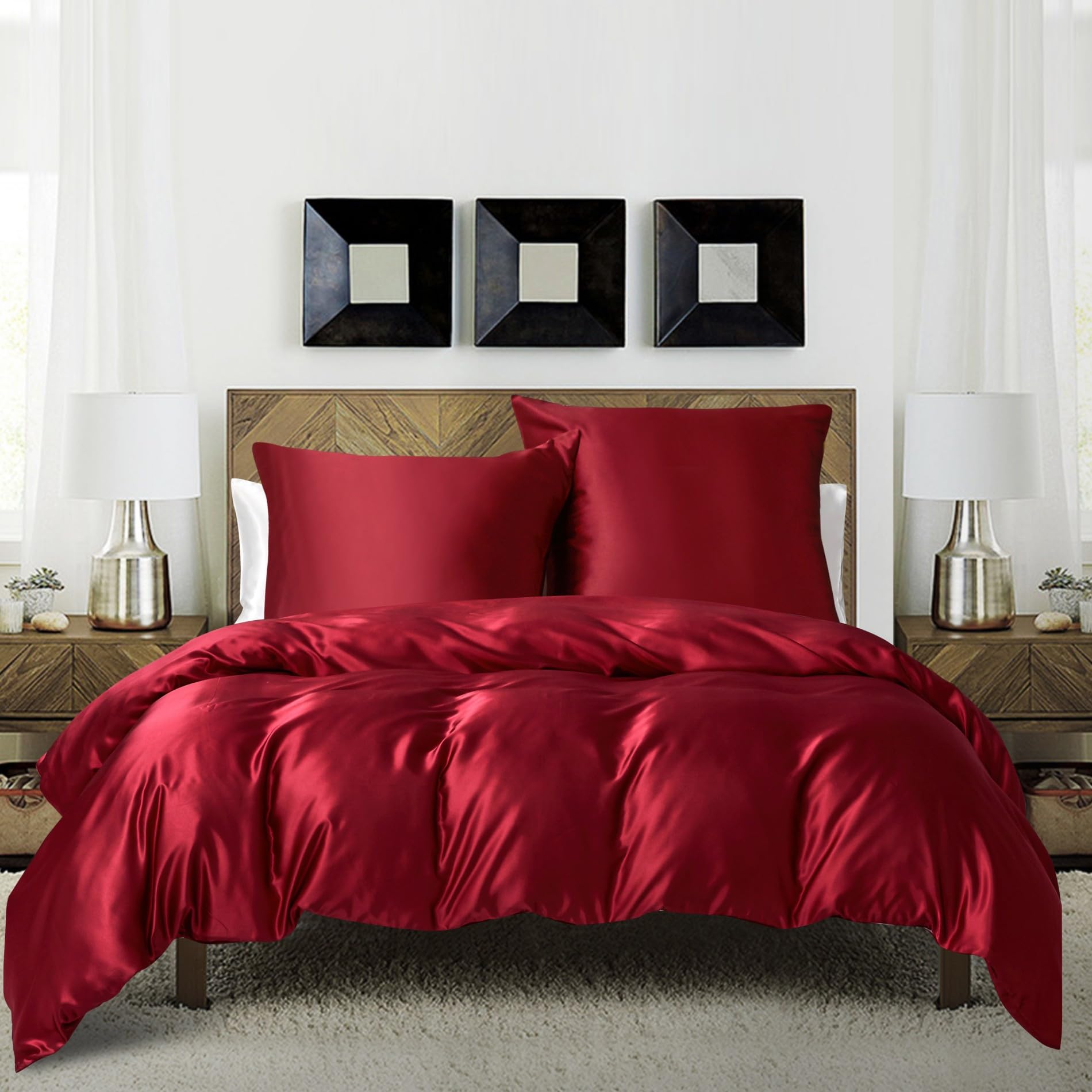 Funda de edredón de satén (220 x 240 cm), color rojo liso y brillante, juego de cama de satén suave, seda suave, ropa de cama para 2 personas adultas con cremallera y fundas de almohada de