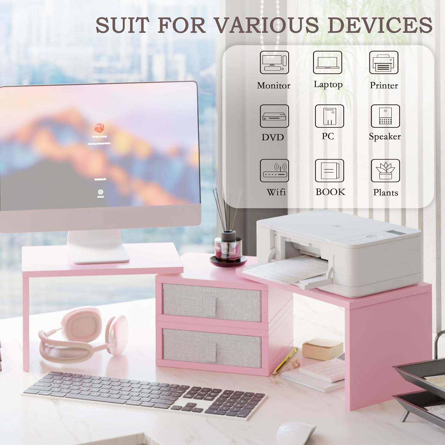 TEAMIX Pink Dual Monitor Stand Riser with 2 Drawers - Length and Angle Adjustable Double Corner Desk Shelf Organizer 37 inch for 2 Laptop/PC/Screen/TV (2 Drawers - 8''H)