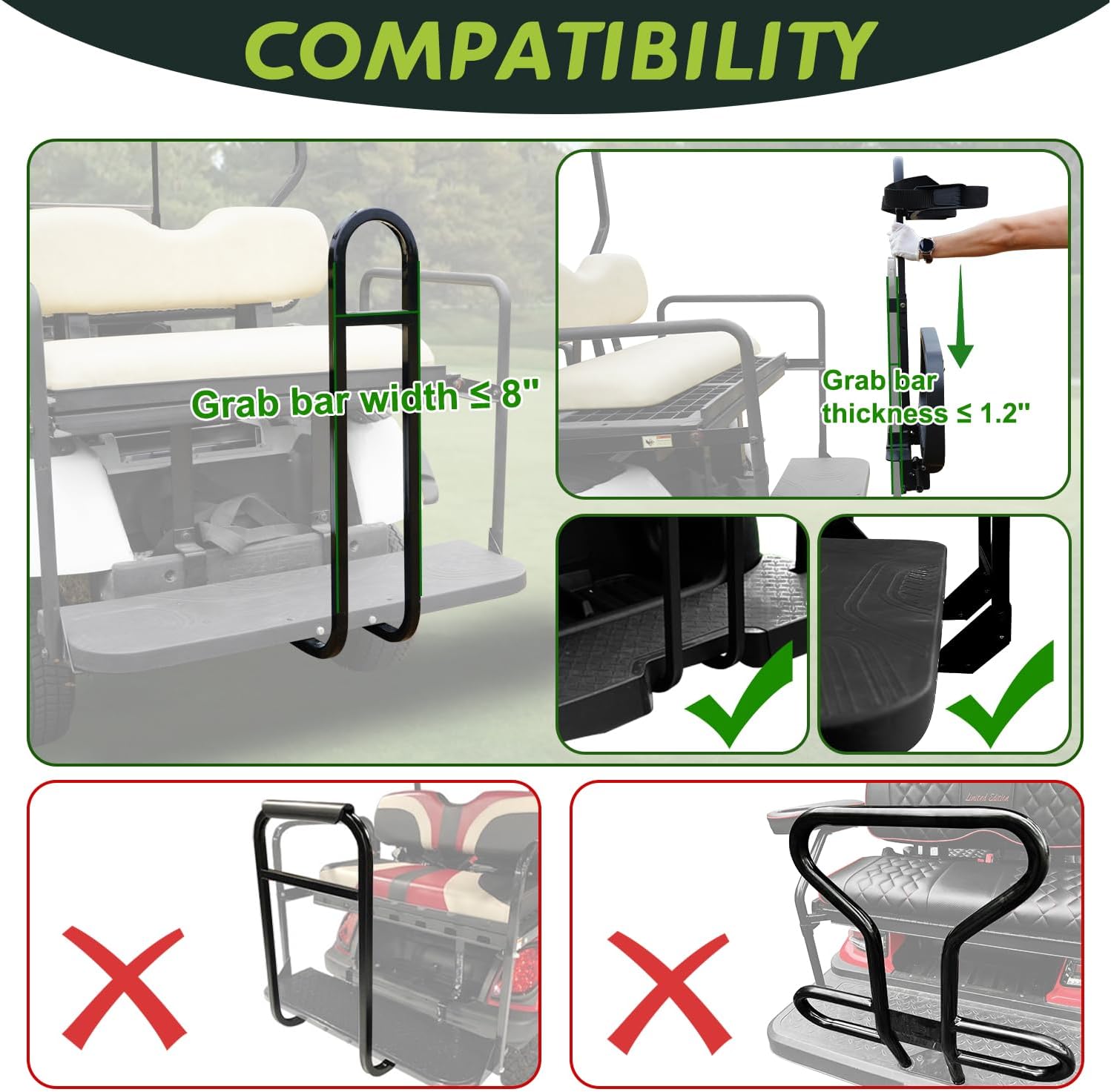 Foldable Golf Cart Rear Seat Bag Holder, Universal Compatible with EZGO/Club Car/Yamaha, Fits Rear Seat Grab Bar Maximum 8'' Wide, Easy Installation/No Drilling Required