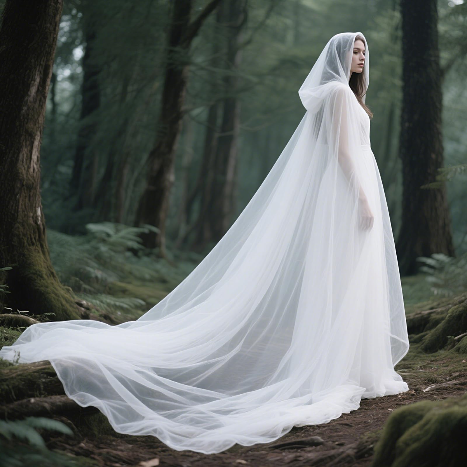 keland Tüll Umhang mit Kapuze Tüllumhang mit Schleppe für Halloween & Hochzeiten (Weiß)