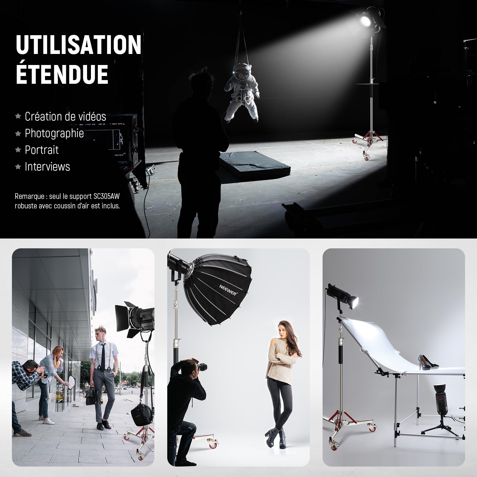 Neewer SC305AW Support d'éclairage Robuste à Coussin d'air avec roulettes, trépied réglable, Support à roulettes en Acier Inoxydable pour Flash de Studio, boîte à lumière, réflecteur monolight