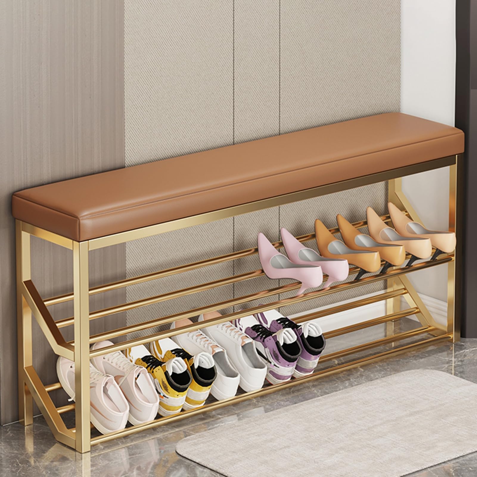 LWJSOCP Shoe Bench with Cushion and Storage Small Entryway Shoe Rack for Living Room and Hallway Space Saving Shoe Shelf in Brown Wood Finish (23.6in)