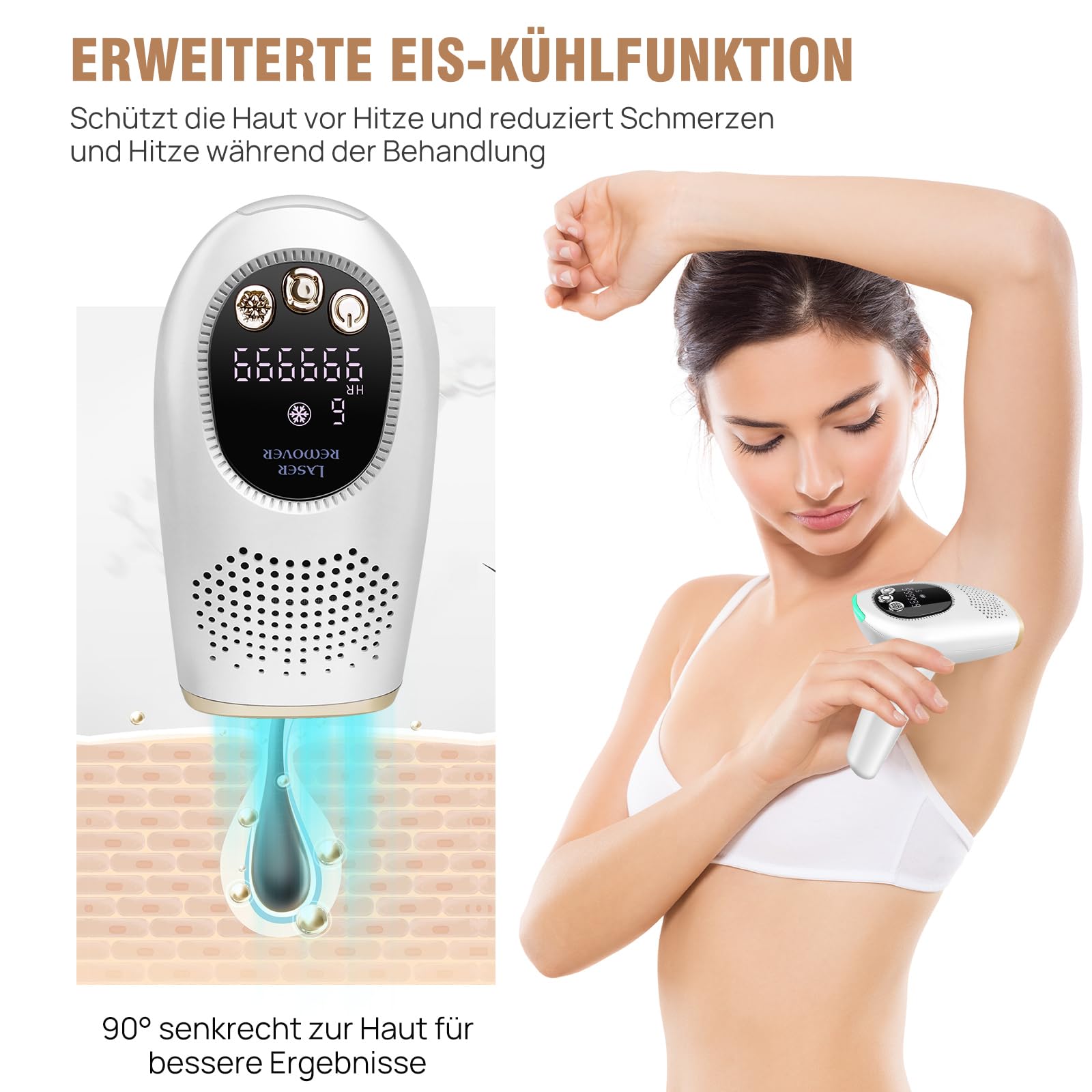 Laser Haarentfernung 3 Funktionen HR/SC/RA und 9 Energiestufen Schmerzlos Haarentfernung, Handgehaltenes Haarentfernungsgerät für Körper, Gesicht, Beine