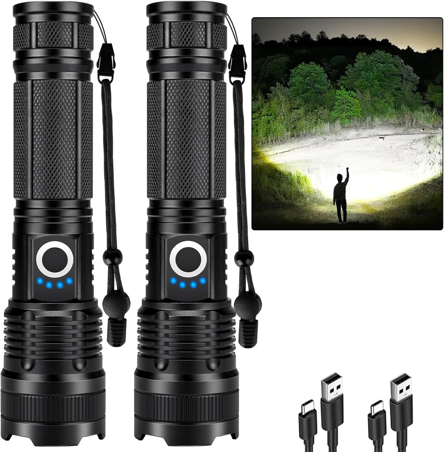 Linterna recargable de 99.000 lúmenes altos, paquete de 2 luces LED brillantes con 5 modos, potente lintera de mano impermeable para acampar en casa (L-2P)