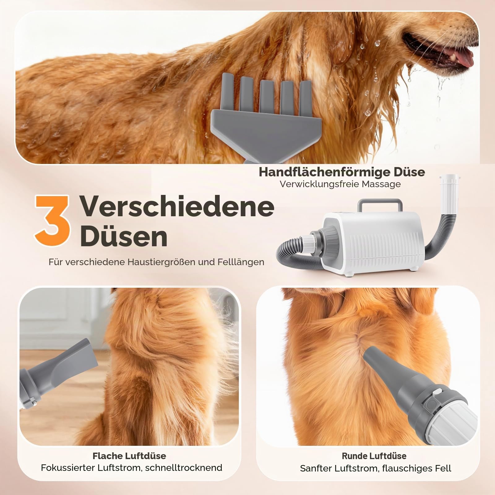 Pudel Hundefön, Leistungsstarker Hundeföhn mit Einstellbarer Geschwindigkeit und Temperatur, 3 Düsen, Flexiblem Schlauch und LCD-Bildschirm, blower hund für Katzen und Hunde aller Größen