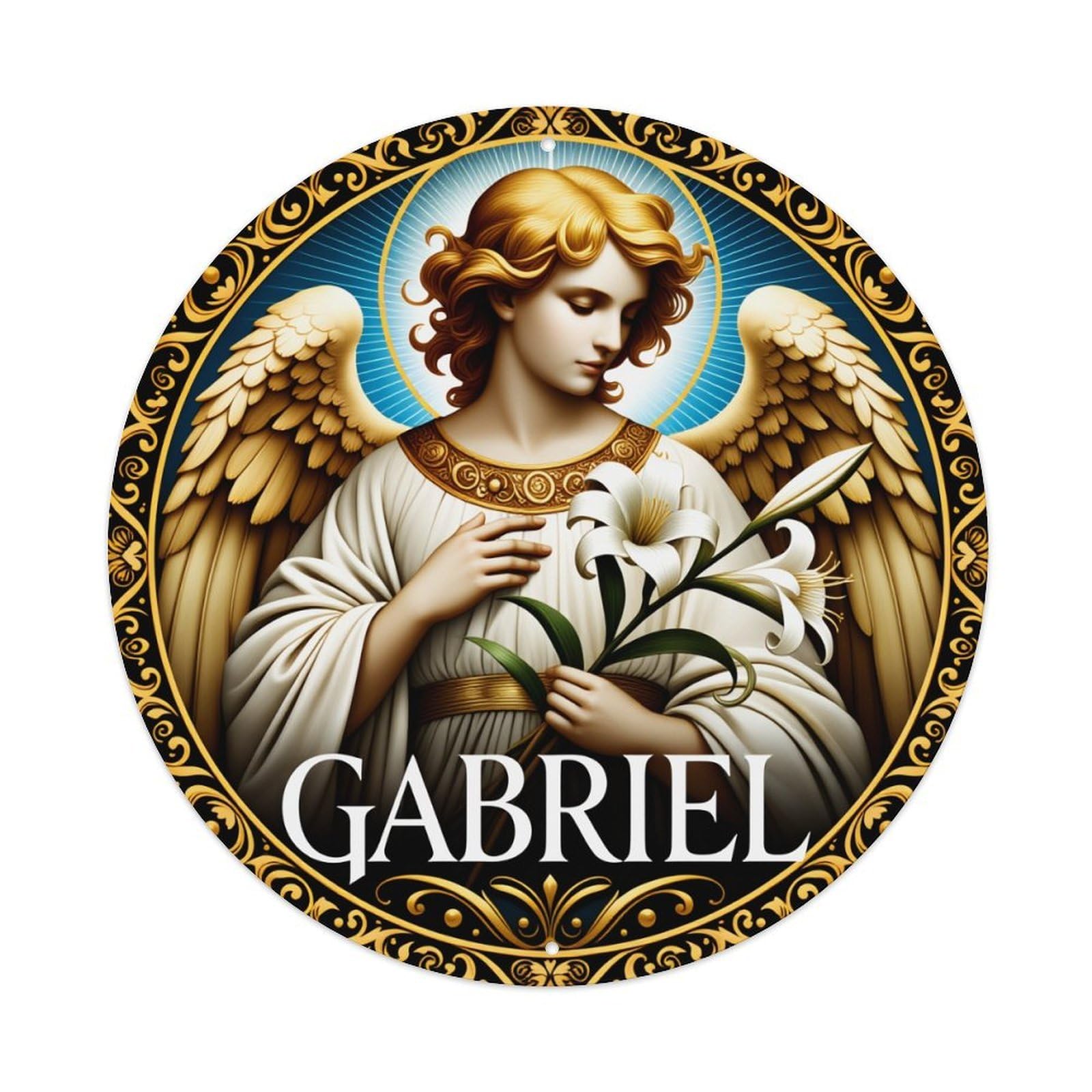 Angel With Wings Holding Lily In Circle Art Metal Tin Sign Plaque