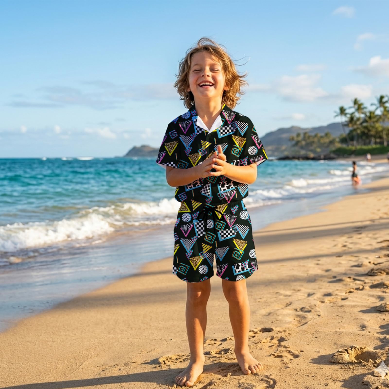 SEA - Conjunto hawaiano de 2 piezas para niños, camisas con botones y forro de compresión para playa y verano