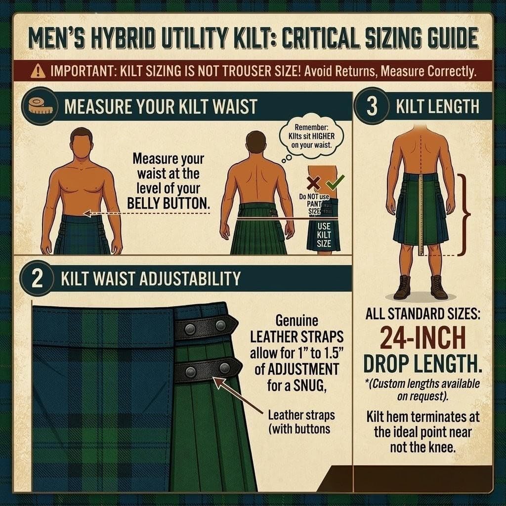 Modern Utility Kilts-Men's Plus Size Scottish Hybrid Black Cotton & Acrylic Wool Tartan Utility Kilts with Leather Straps