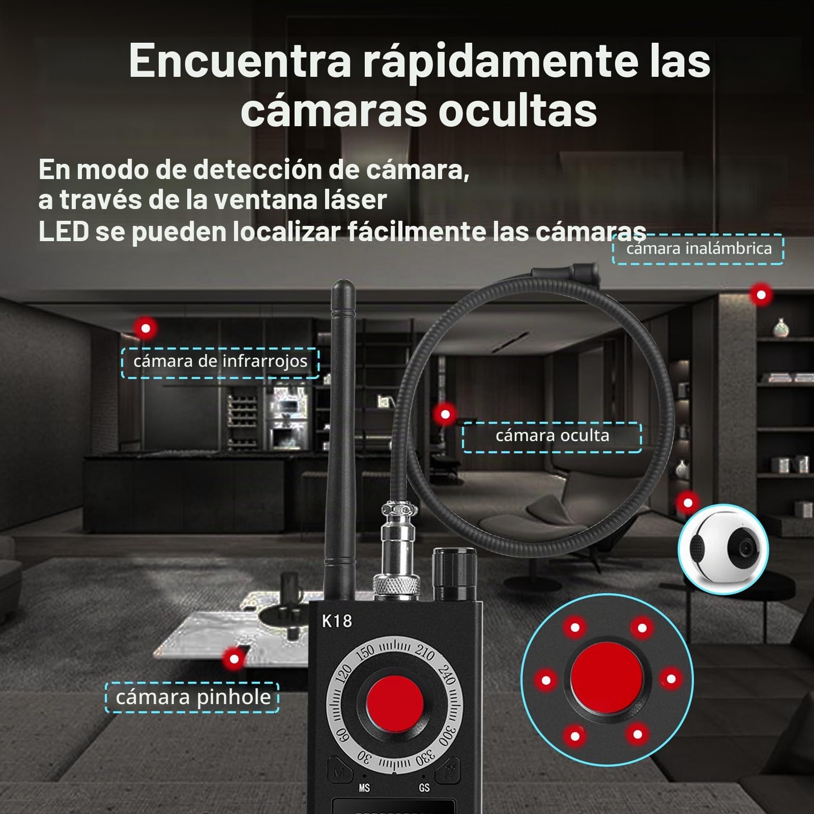 Detector de Camaras y Microfonos Ocultos, Detector de Cámara Espía Portátil Bug Detector Detector Antiespía GPS GMS Spy Finder Detector de señal RF Inalámbrico Detector para Hogar, Oficina, Hotel