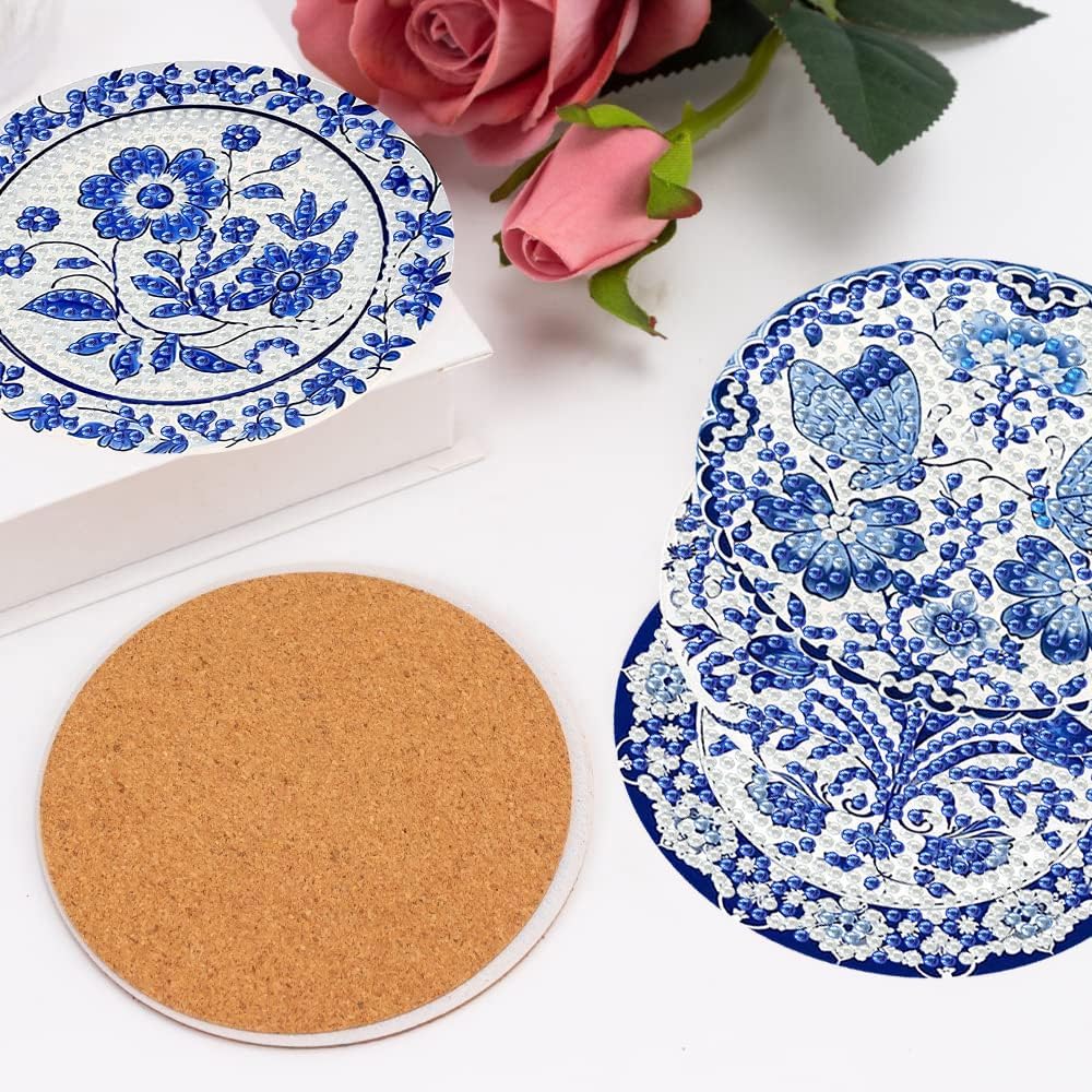 mrpwnle 6 Pcs Diamond Art Coasters Kits for Adults, Blue Flowers Diamond Painting Coasters Kits with Holder Cork Pads, DIY Diamond Art Non Slip Coaster Crafts Kits for Adults Beginners Gifts