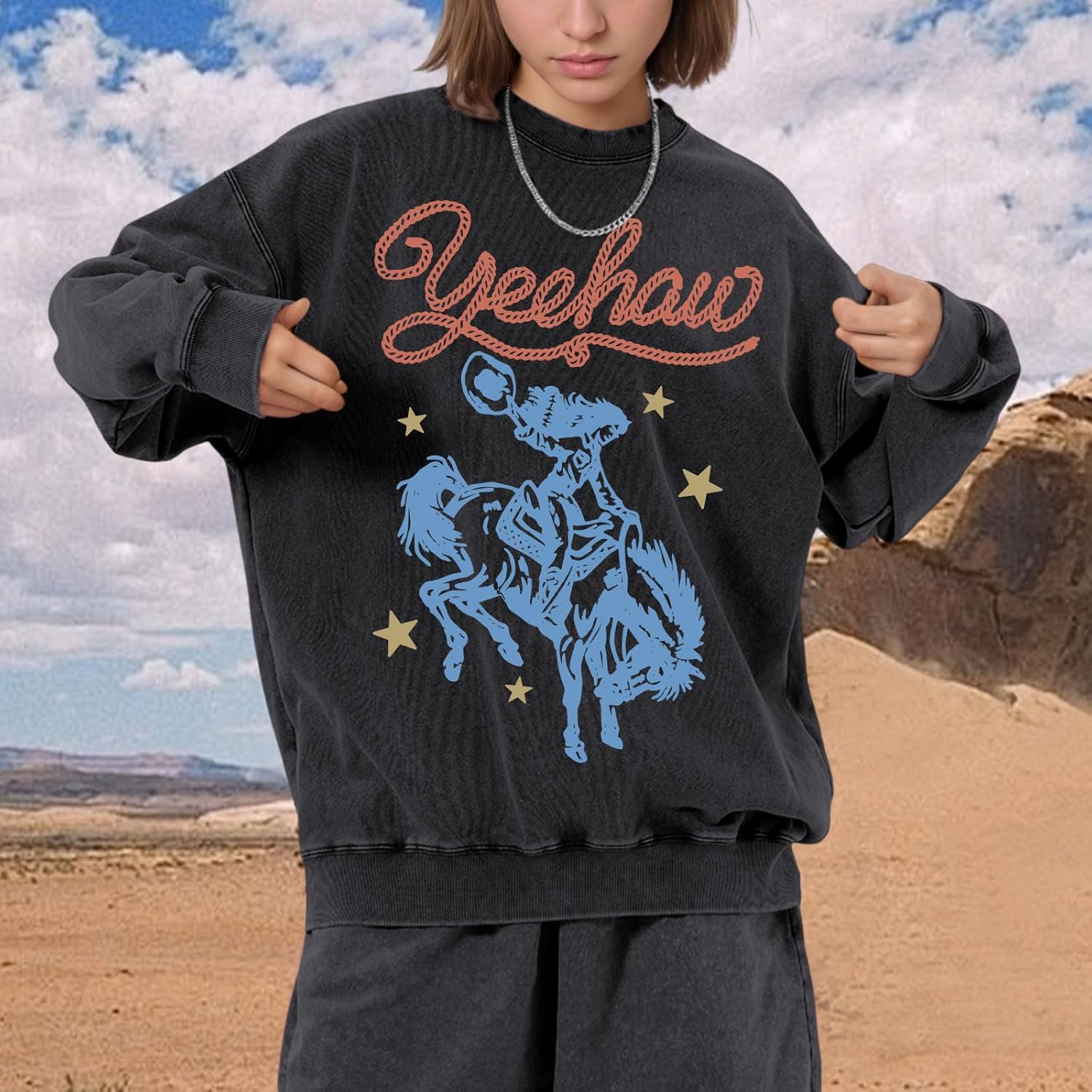 Western Sweatshirts for Women Vintage Cowgirl Sweatshirt Acid Wash Cowboys Crewneck Horse Graphic Country Pullover - Image 5