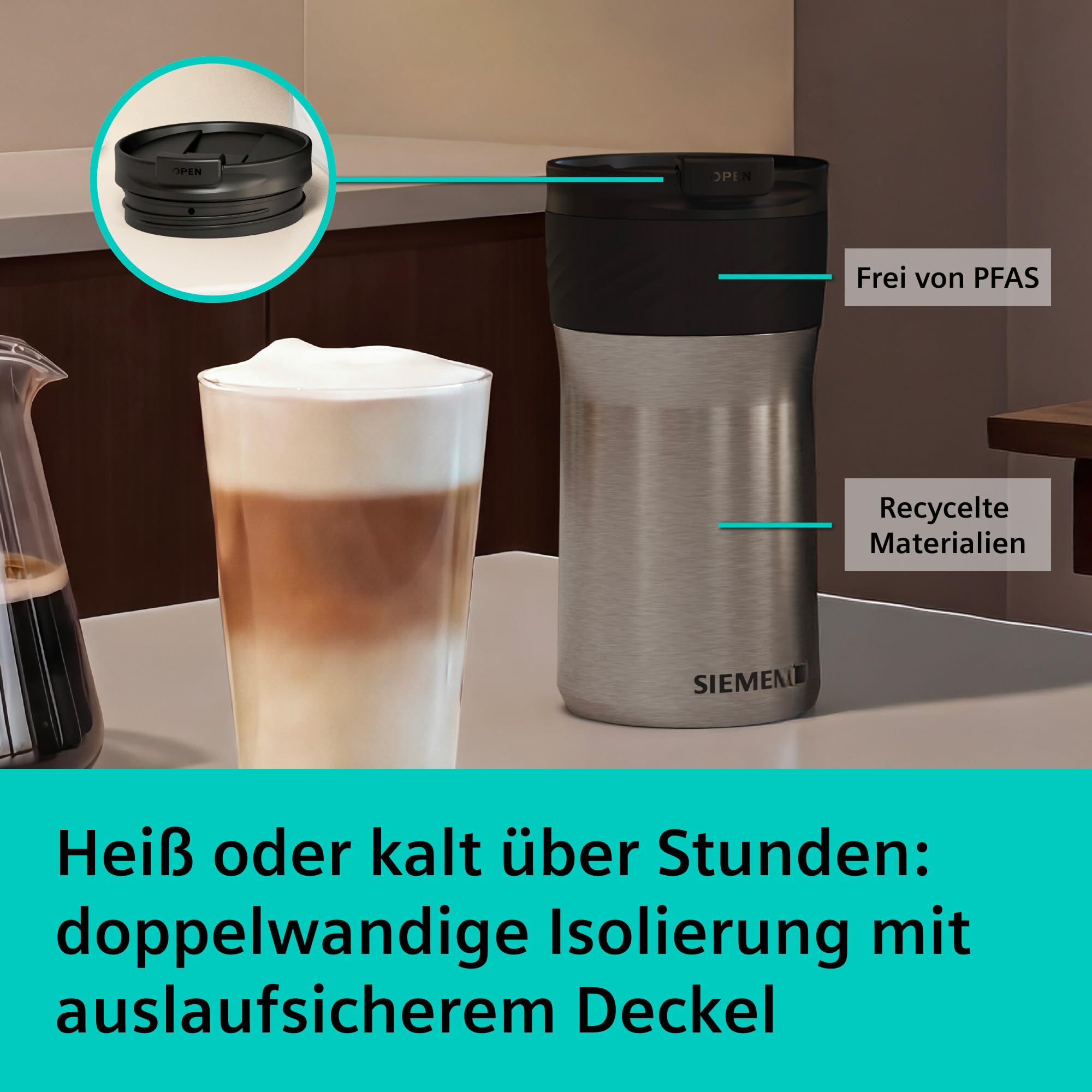 Siemens Thermobecher 480 ml, doppelt isolierter To-Go-Becher für heiße oder kalte Getränke, auslaufsicher, spülmaschinenfest, kompatibel mit der Siemens iAroma Serie, Edelstahl/Schwarz, TZ40002
