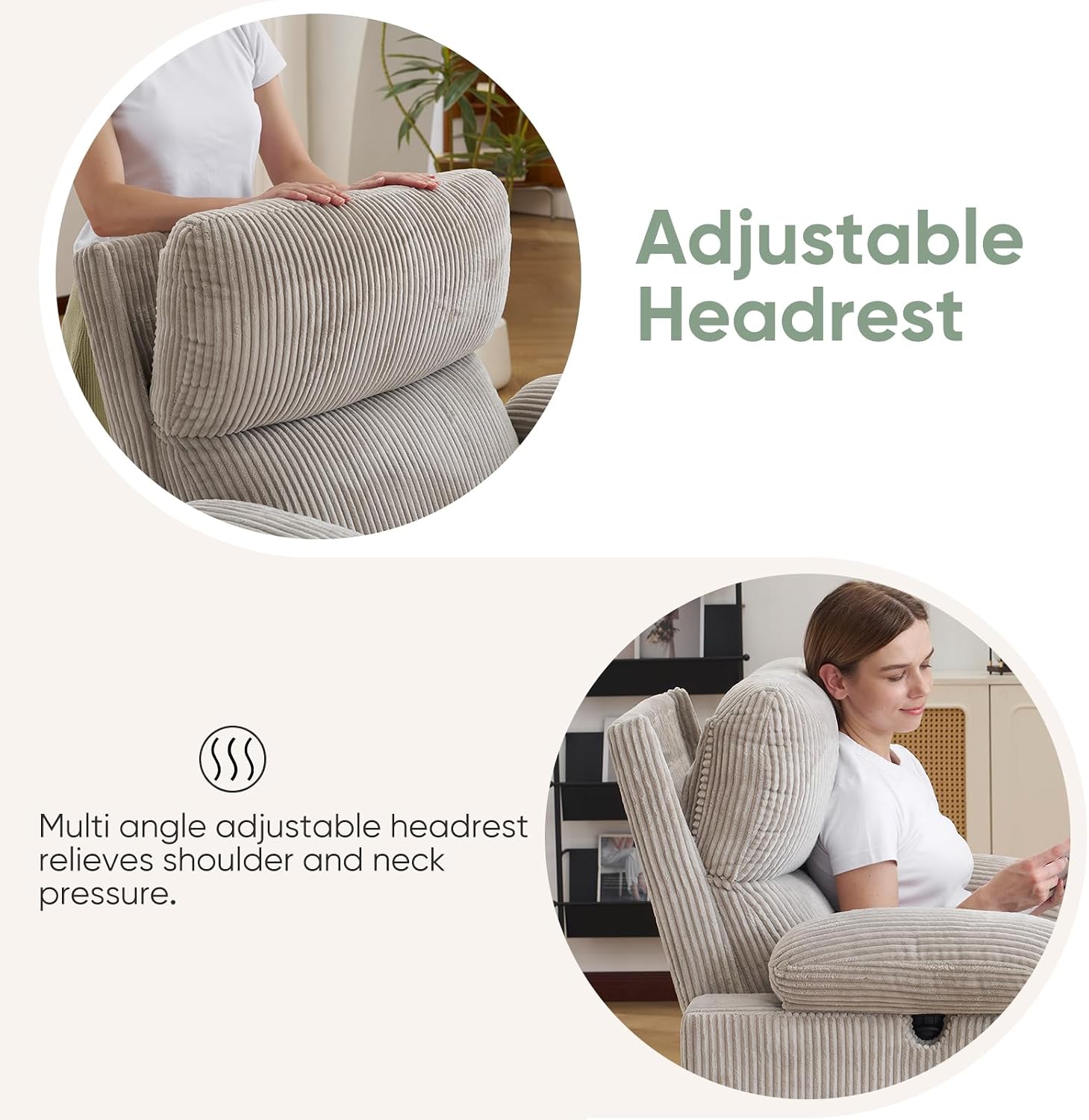 Rocking Chair Nursery with Adjustable Armrests for Breastfeeding, Glider Recliner Nursery Chair with Massage and Heat, Power Swivel Rocker Recliner with Adjustable Headrest, Corduroy Grey