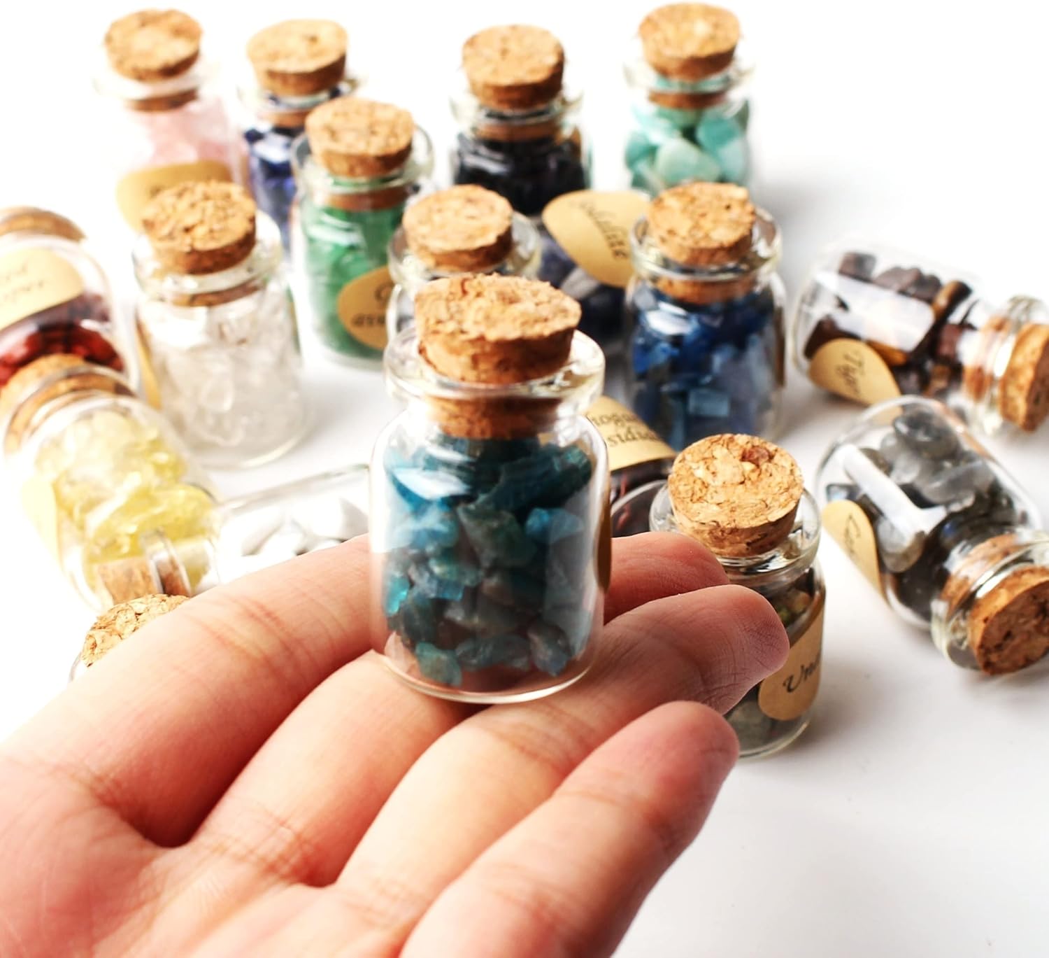 Natural Meditation Crystal 18Pcs A Set of Natural Crystal Rockstone Gravel Wishing Bottles Minerals Specimen Mini Stone Reiki Gift W/Box Crystal Stone (Color : L 18pcs Rough)