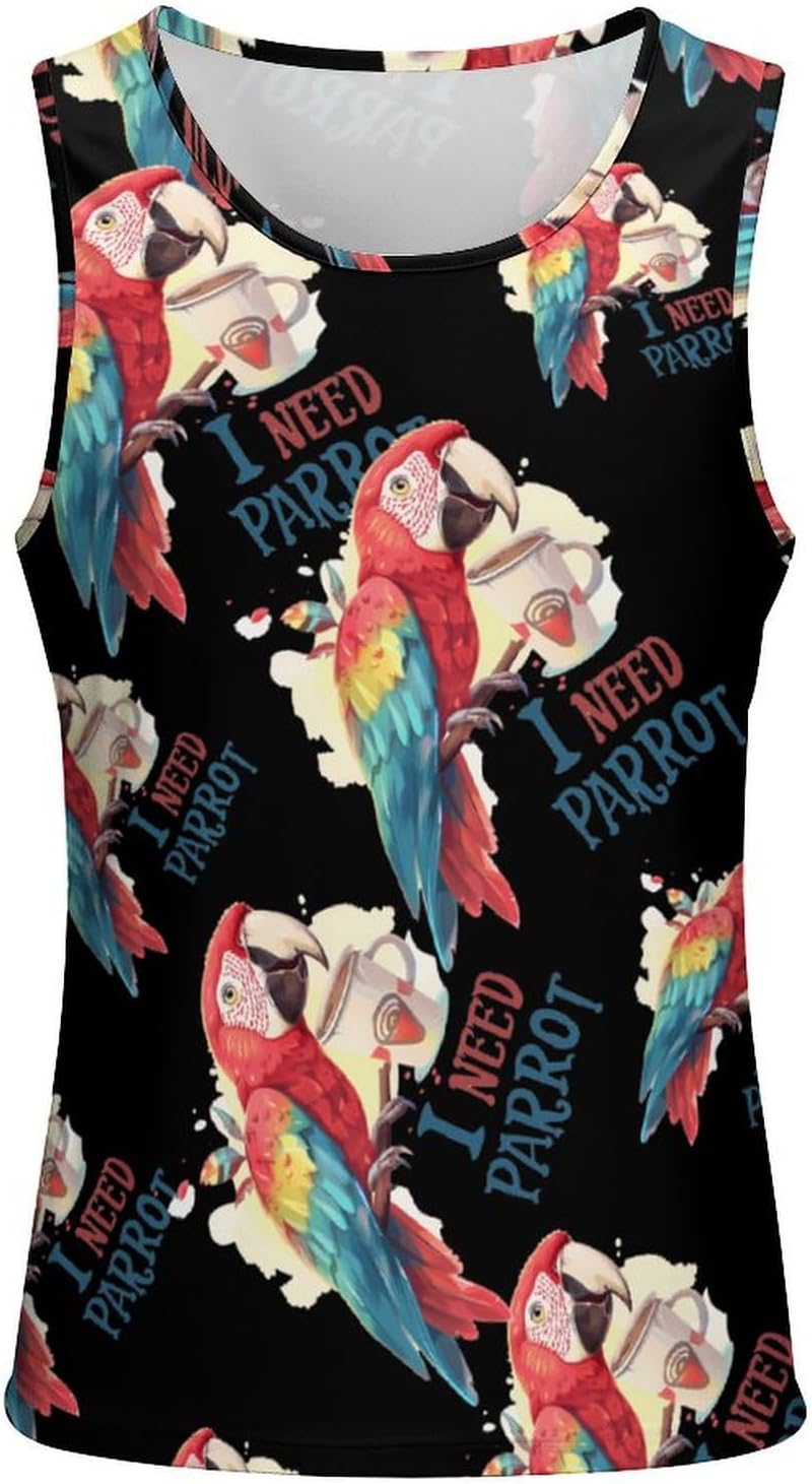 Funny Parrot and Coffee Men's Tank Top Sleeveless Muscle Shirts Vest Beach T Shirts for Workout Gym