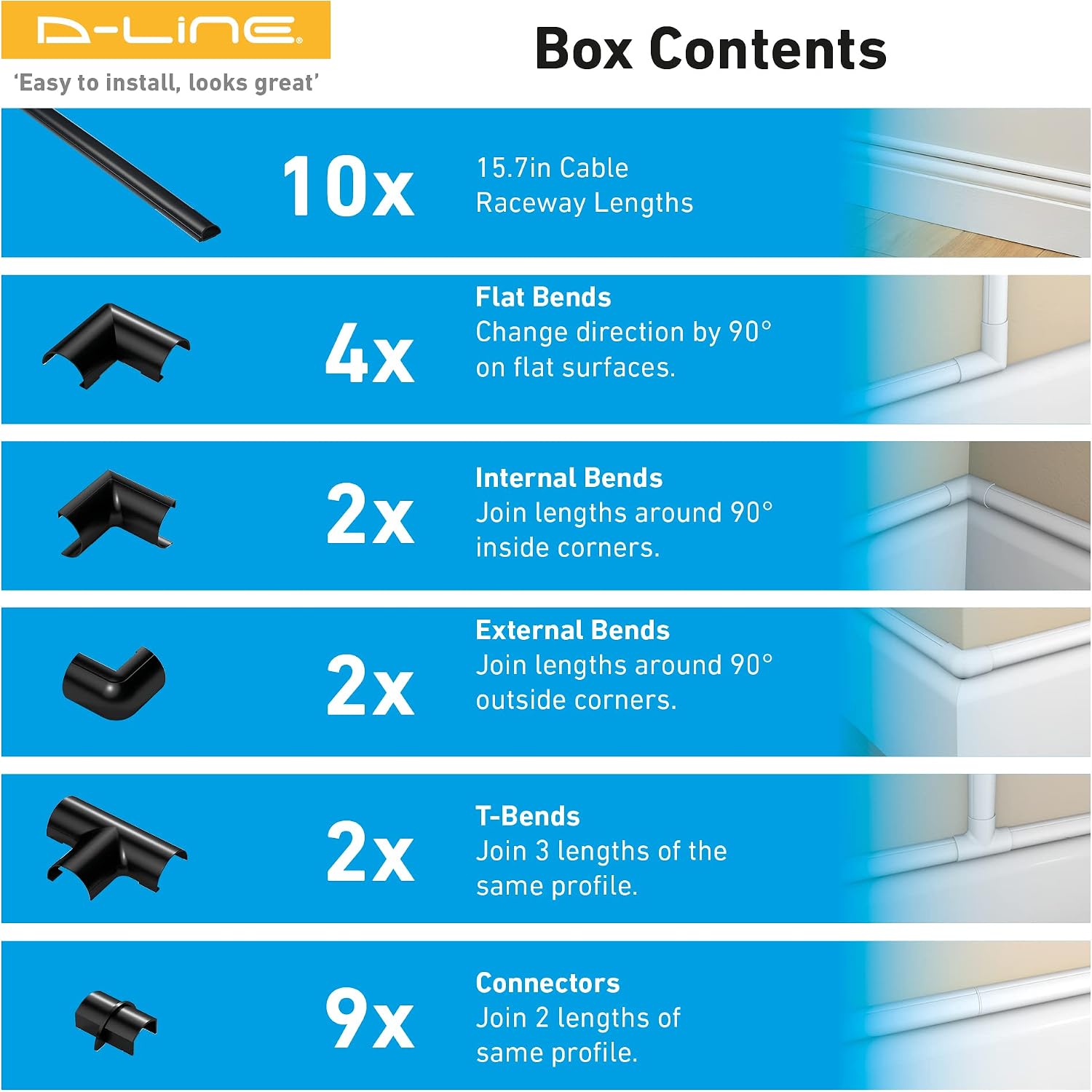 D-Line 157in Cord Cover Kit, Self-Adhesive Wire Hiders, Paintable Cable Raceway to Hide Wires on Wall, Electrical Cable Management - 10x 15.7 Lengths & 19 Accessories - 0.78" (W) x 0.39" (H) - Black