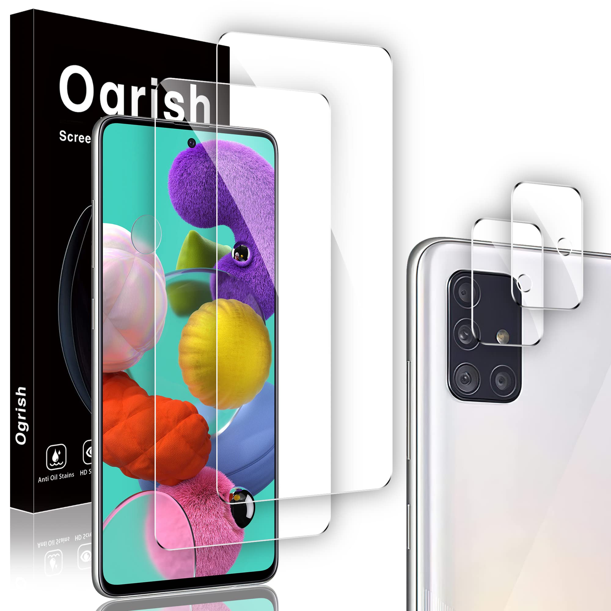 Ogrish 2 Pack Screen Protector for Samsung Galaxy A51 4G/5G /5G UW - and 2 Pack Camera Lens Protector - Tempered Glass, Anti-fingerprint, Shatter