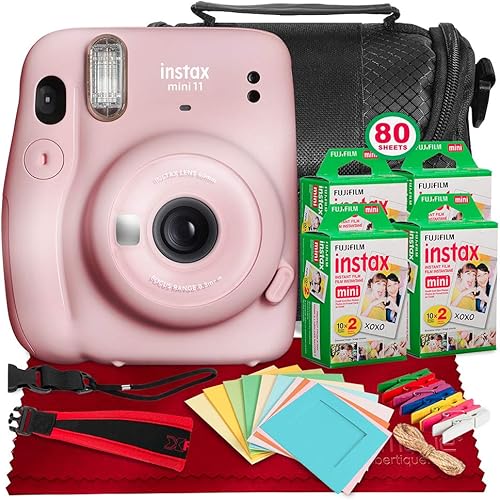 FUJIFILM INSTAX Mini 11 Instant Film Camera (Blush Pink) + ACCESSORY BUNDLE THAT INCLUDES 4X Fujifilm Instax Mini Twin Film (80 Exposures), Camera