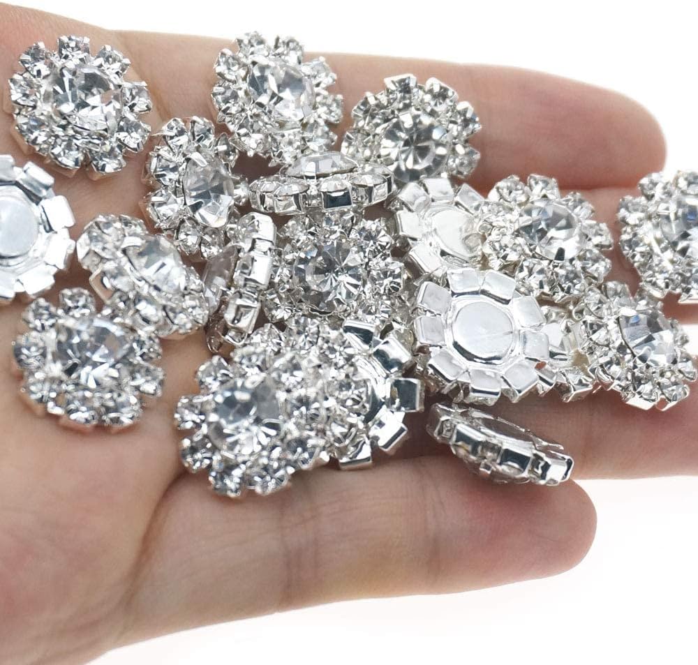 24 Pack 16MM Sparkle Clear Rhinestone Buttons Flatback Metal Embellishments Glass Crystal Bulk for Craft DIY Wedding Bouquets Decoration,Silver Plated/Flat - Image 5