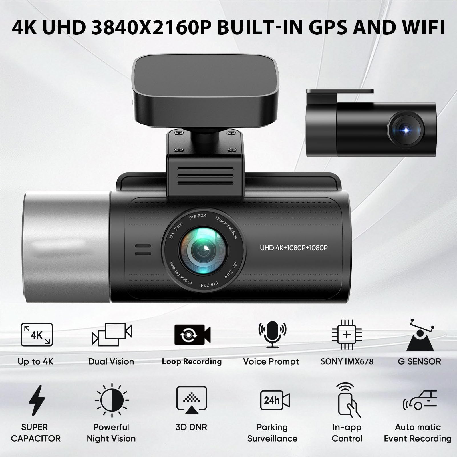 Front 4K Ultra HD i Tylna Taśma Samochodowa 1080p z Wi -Fi, Kamera Deski Rozdzielczej Rejestrowania Pętli, Kąt Szerokości 170 °, Czujnik G, Tryb Parking