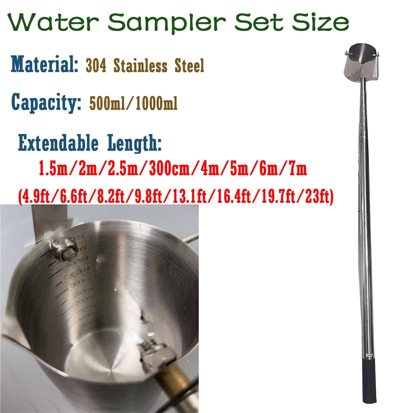 tazza per campionamento 'acqua Asta di campionamento 'acqua in acciaio inossidabile per test di qualità 'acqua di stagni di acquacoltura, dispositivo di(1000 ml,L 2m/6.6ft)