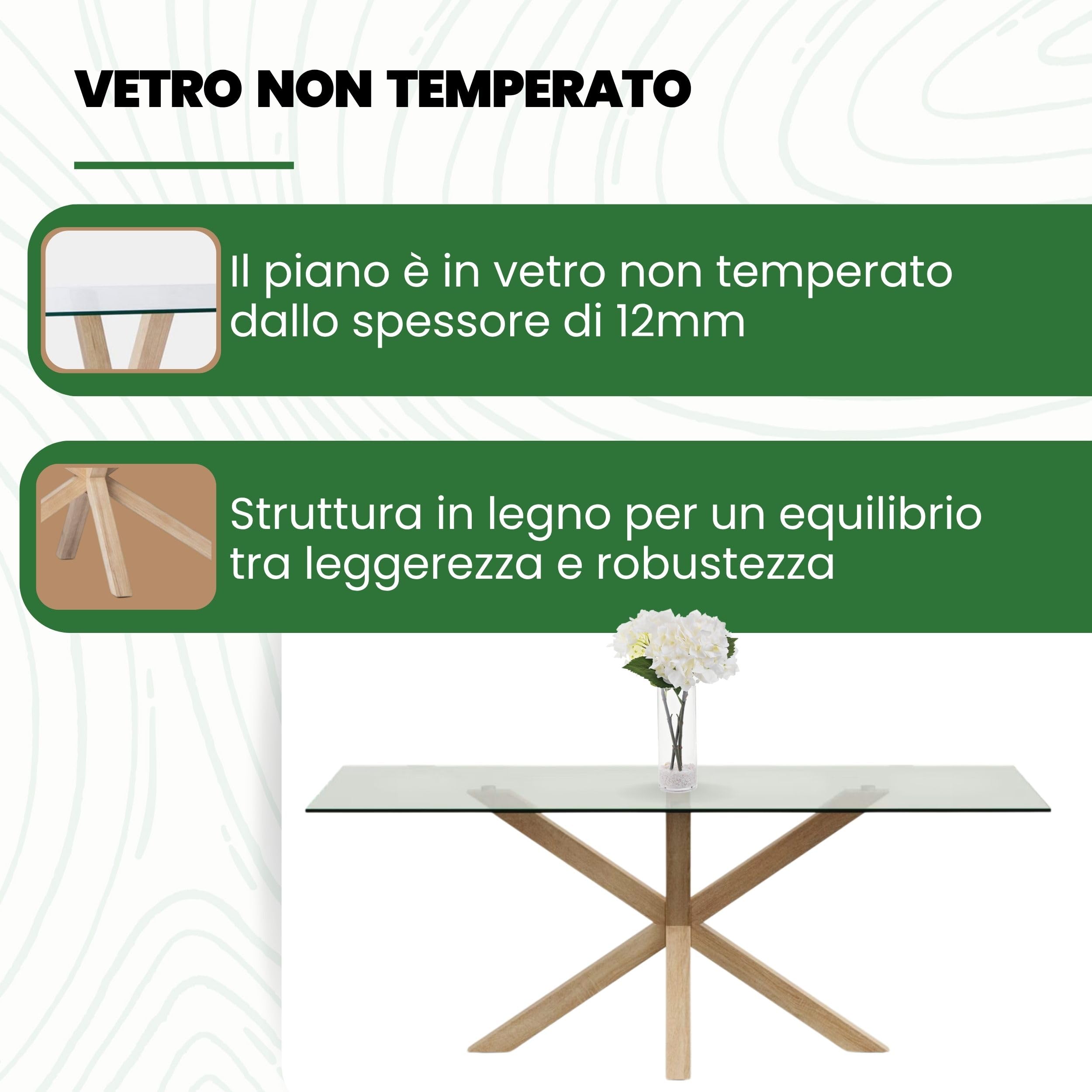 Mar.c.a. Design - Tavolo da Pranzo Rettangolare 160x90x75 cm - Tavolo Sala Da Pranzo con Piano in Vetro Temperato e Struttura in Legno - Made in Italy