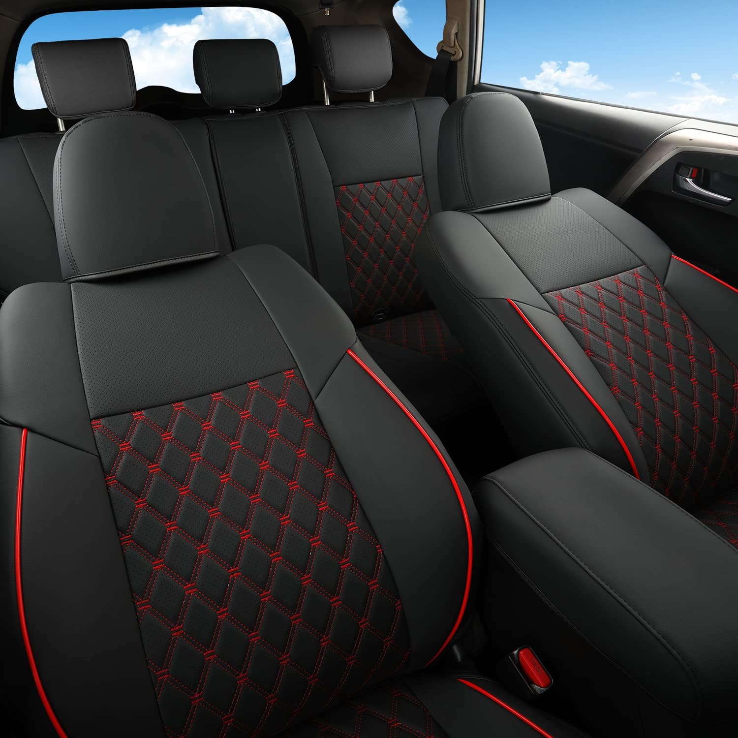 GIANT PANDA Pu Leather Car Seat Covers Full Set Custom Fit for Toyota RAV4 LE 2013 2014 2015 2016 2017 2018 (NOT for Hybrid Version),Black+Red