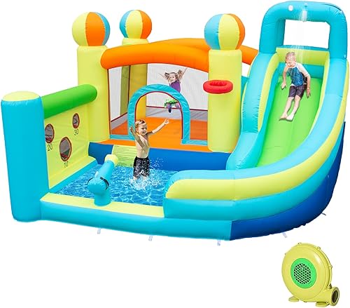 Miniatura 1 de WelandFun Parque inflable de tobogán acuático con piscina para niños, pared de escalada, casa de rebote con disparo de bolas, castillo animoso para