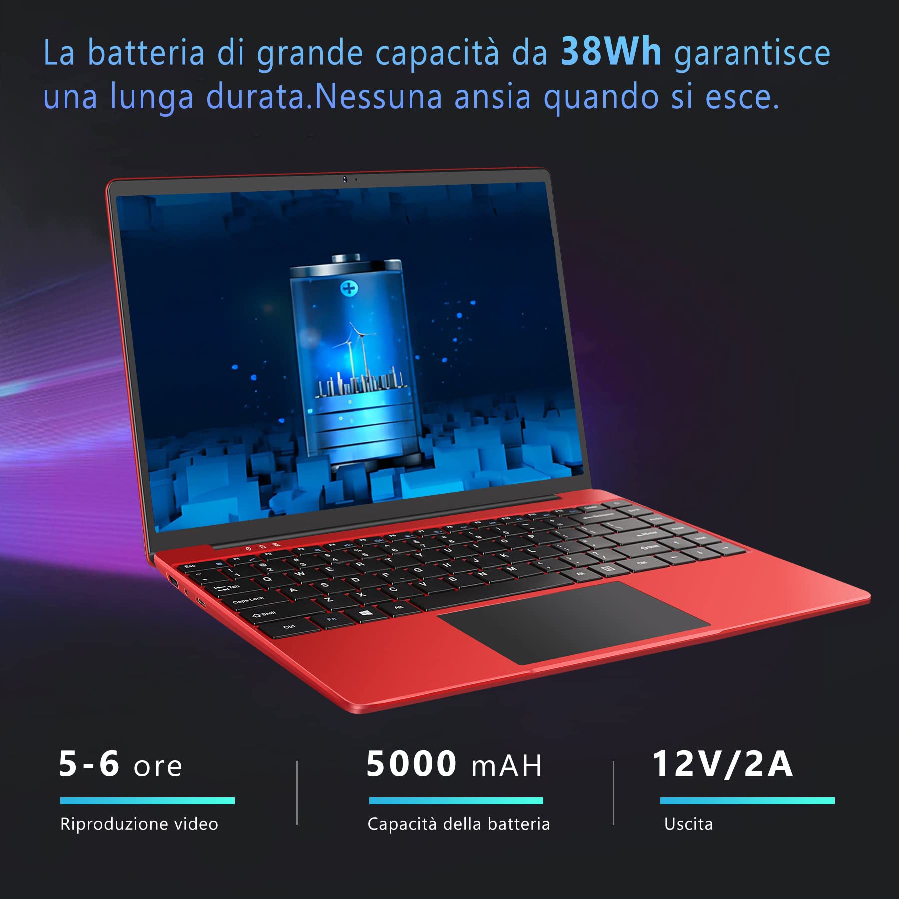 WOZIFAN 2025 Newest PC Portatile 14 Pollici Laptop Metal Shell 128 GB SSD Supporta l'espansione 1TB Notebook 2.4G+5G 1080P con mouse senza fili protezione della tastiera(Italiana)-Rosso