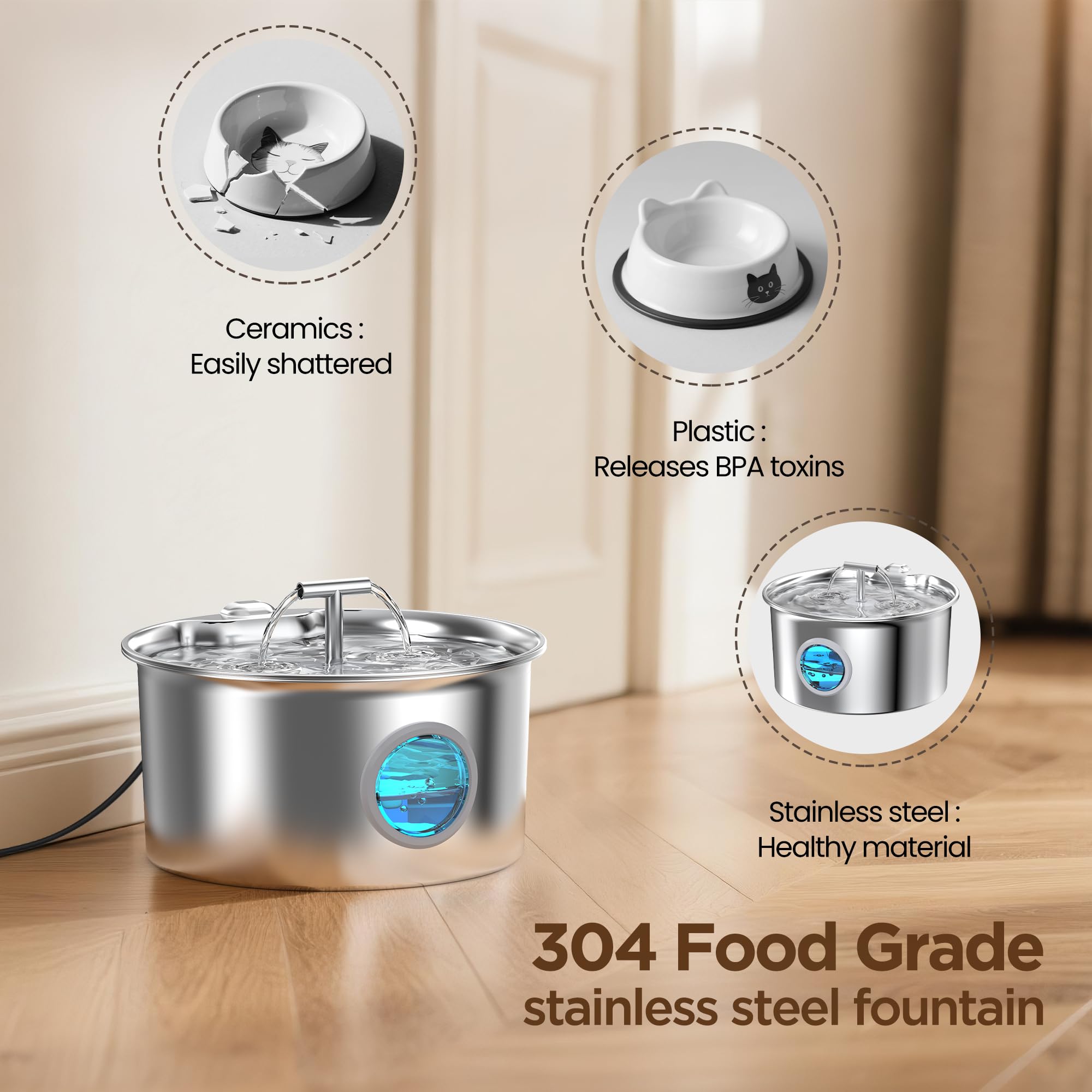 Fontanella Per Gatti Acciaio Inox: 2.6L Fontana per Gatto - Automatico Fontanella Gatto - Super Silenzioso Dispenser Acqua Gatti - 6 filtri a carbone e 3 filtri a schiuma