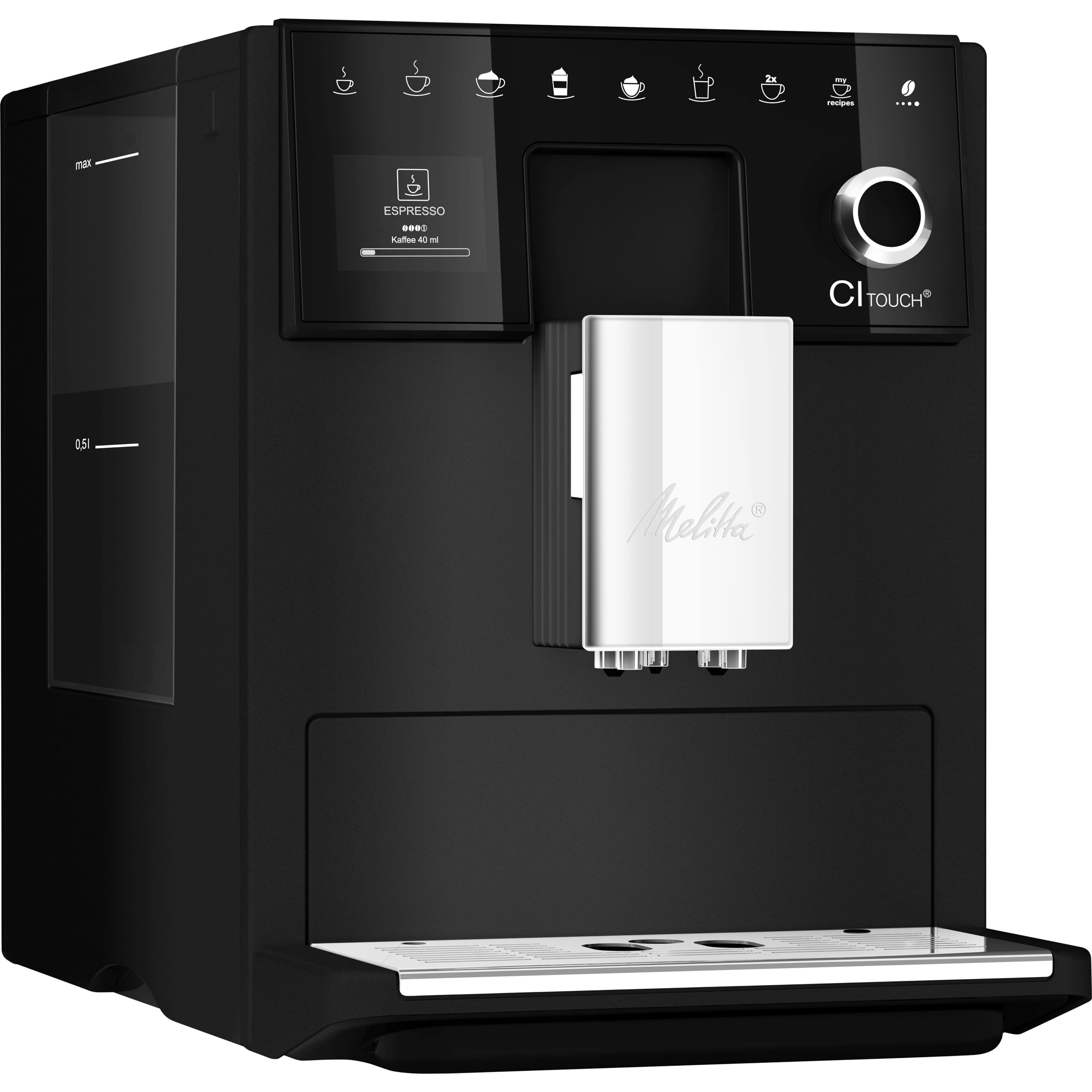 Melitta CI Touch – w pełni automatyczny ekspres do kawy – z systemem na mleko – dwukomorowy pojemnik na ziarna – wyświetlacz One Touch – 4-stopniowa regulacja mocy kawy – matowy czarny (F630-112)