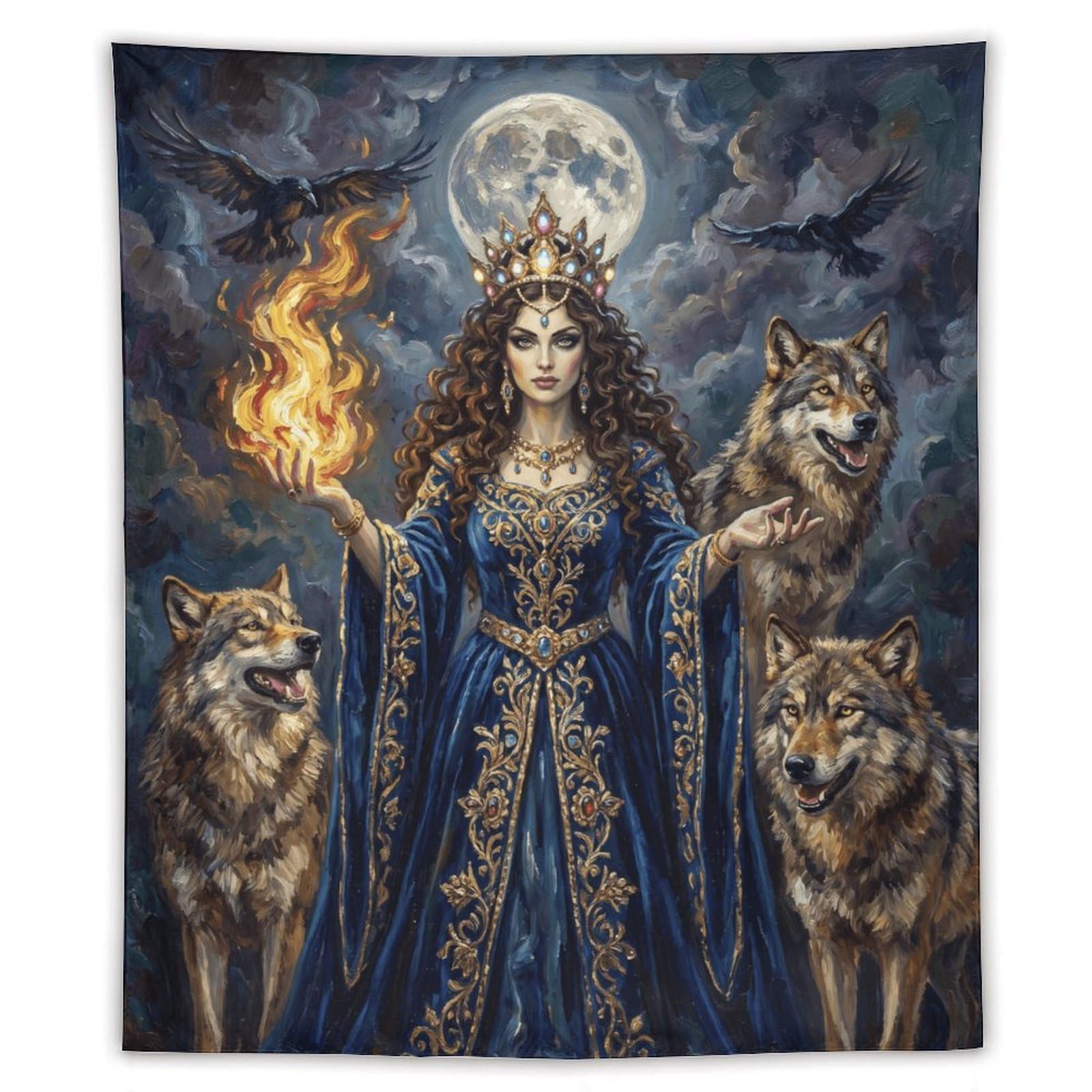 W7C8U2X3 Wolf Goddess Blue Robe Wall Tapestry, Celestial Animal