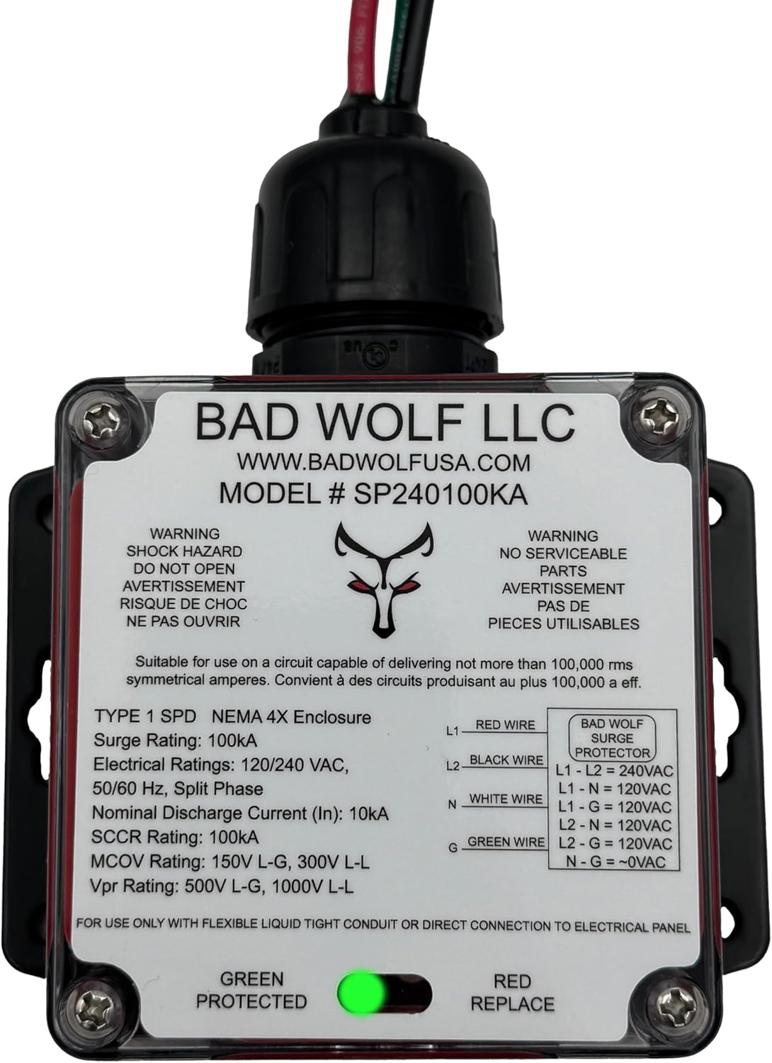 100kA Whole House Surge Protector, Type 1 SPD, ETL Listed to UL 1449 5th Edition, CSA C22.2 No. 269.1/269.2, 120/240V Split-Phase, 1/2" Liquid-Tight Flexible Conduit Connection, NEMA 4X IP67