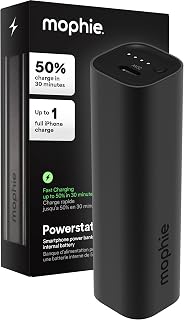 Mophie Powerstation Mini 5,000mAh Portable Power Bank (Gen 3) – Ultra-Fast USB-C PD, 20W Output, Up to One Full Phone Charge, Pocket-Sized, LED Indicator, Includes USB-C Cable, Black