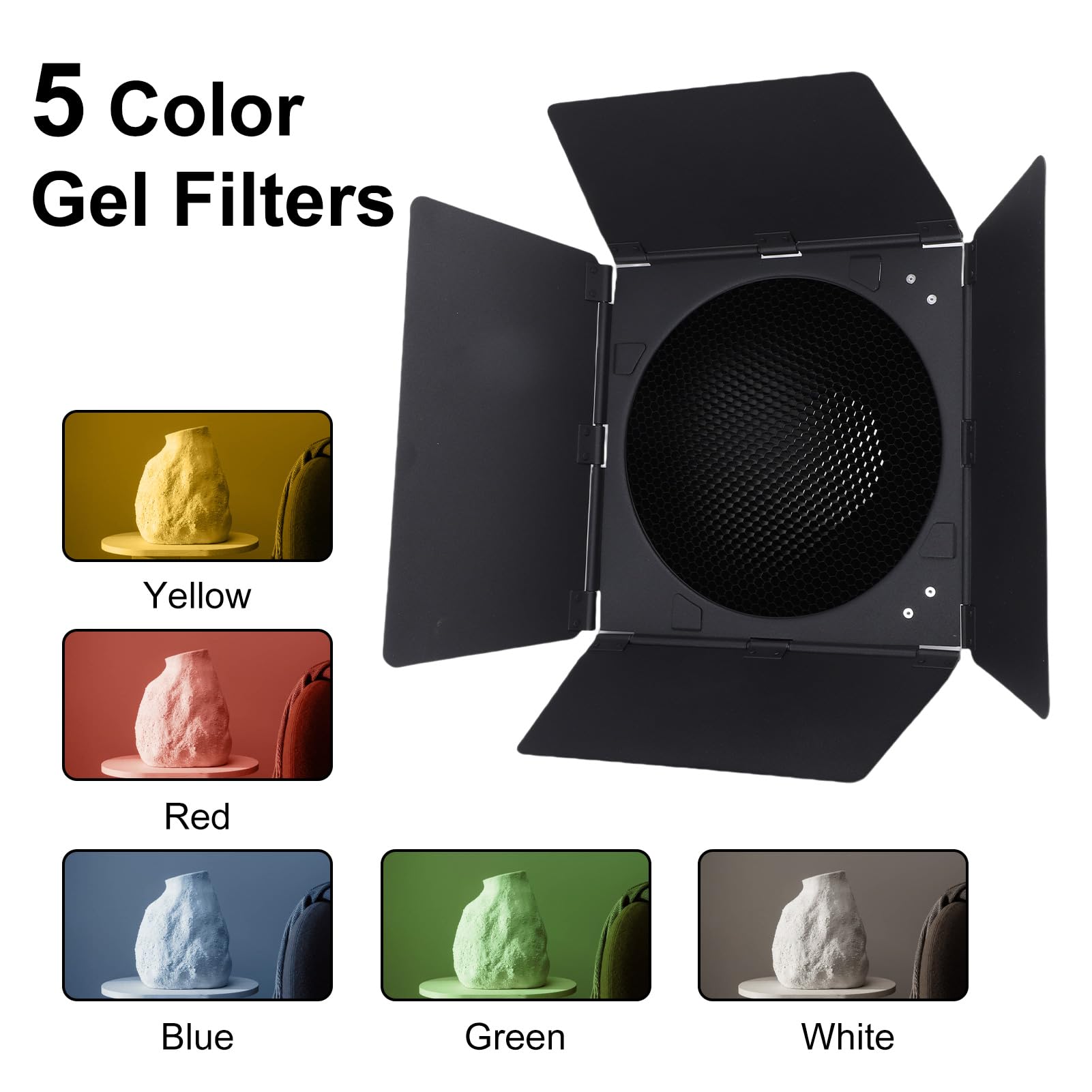 Kit para Puerta de Granero con Montaje Bowens con Reflector, Rejilla de Panal de 60°, 5 Filtros Magnéticos de Gel de Color para Luz Estroboscópica de Estudio, Juego de