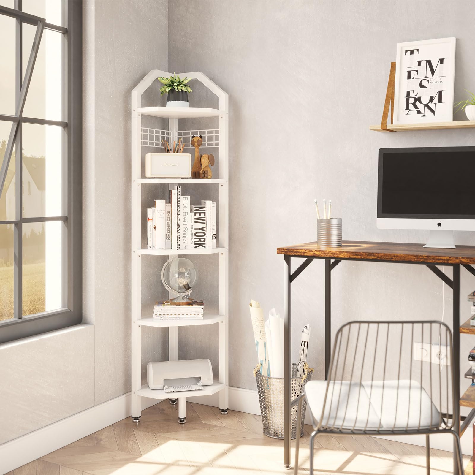 YMYNY Scaffale angolare a 5 ripiani, altezza 176 cm, scaffale multiuso per piante, per soggiorno, bagno, cucina, camera da letto, ufficio, stile industriale bianco HBR006W