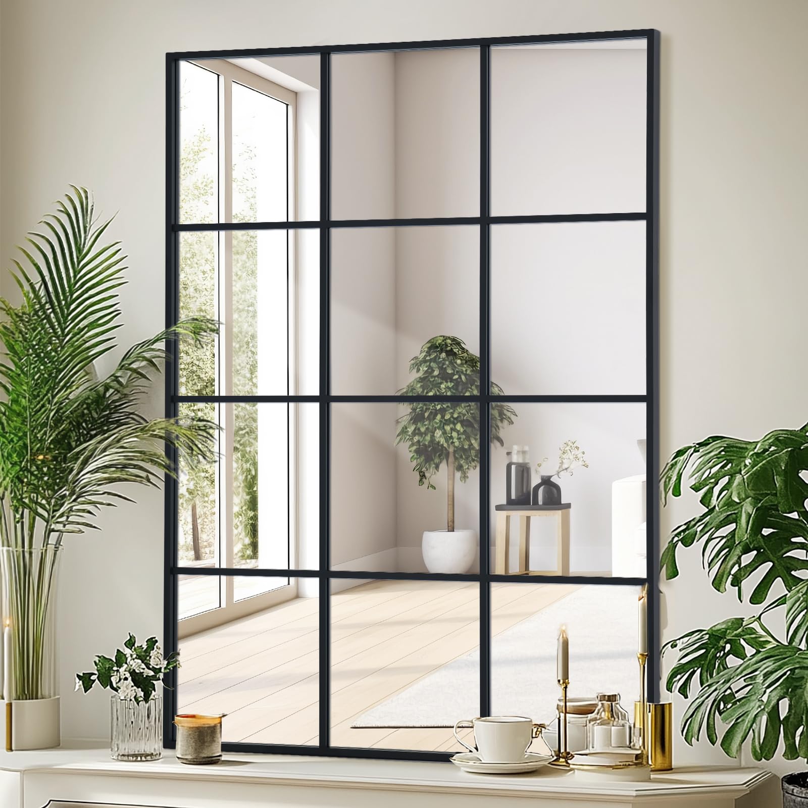 LunaMirror 75x120 cm Rectangular Window Mirror Black Aluminum Frame Windowpane Wall Mirror for Indoor Living Room Hallway Entrance Outdoor Garden Decor