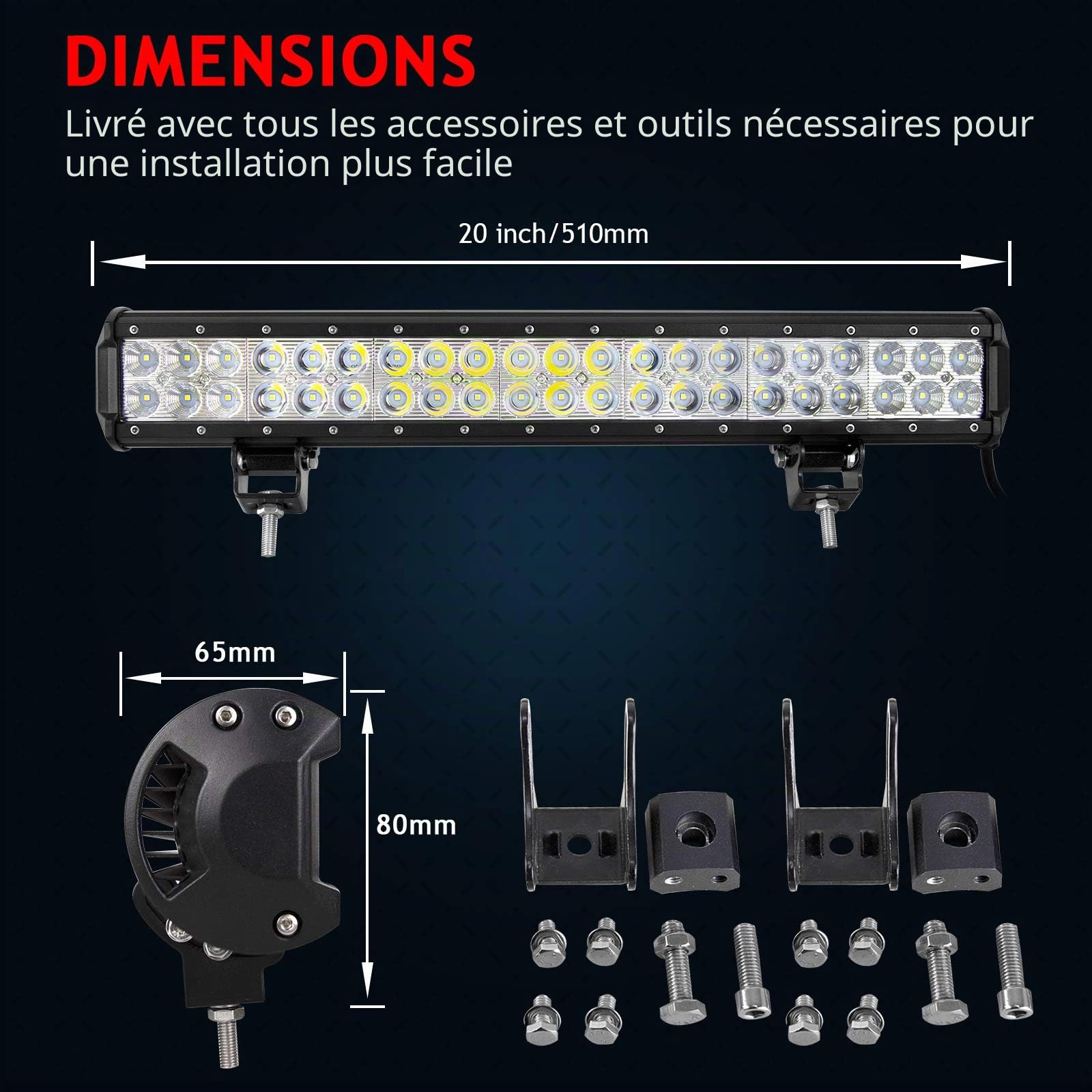 AUXTINGS 20 pouces 126W Duable Row LED Work Bar à la lumière Spot International Combo avec kit de harnais de câblage+4 pouces 18W Flood Lumière de travail pour camion VTT SUV 4X4 Tracteur de bateau