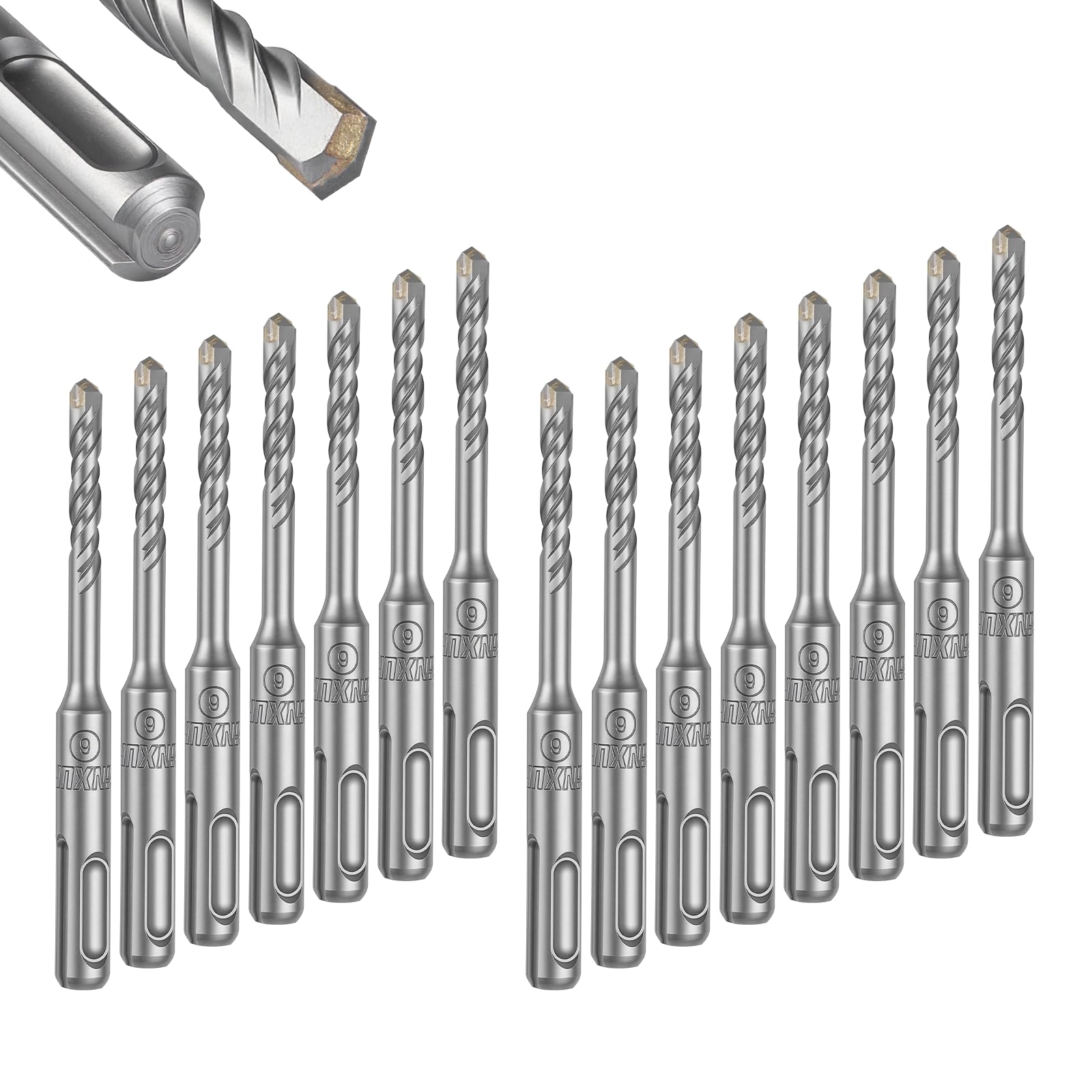 GEINXURN 6mm x 110mm SDS Plus Rotary Hammer Drill Bits, 15PCS Double Thread Masonry Drill Bits Set Carbide Tipped, Drilling in Brick, Stone and Concrete, Cement Walls