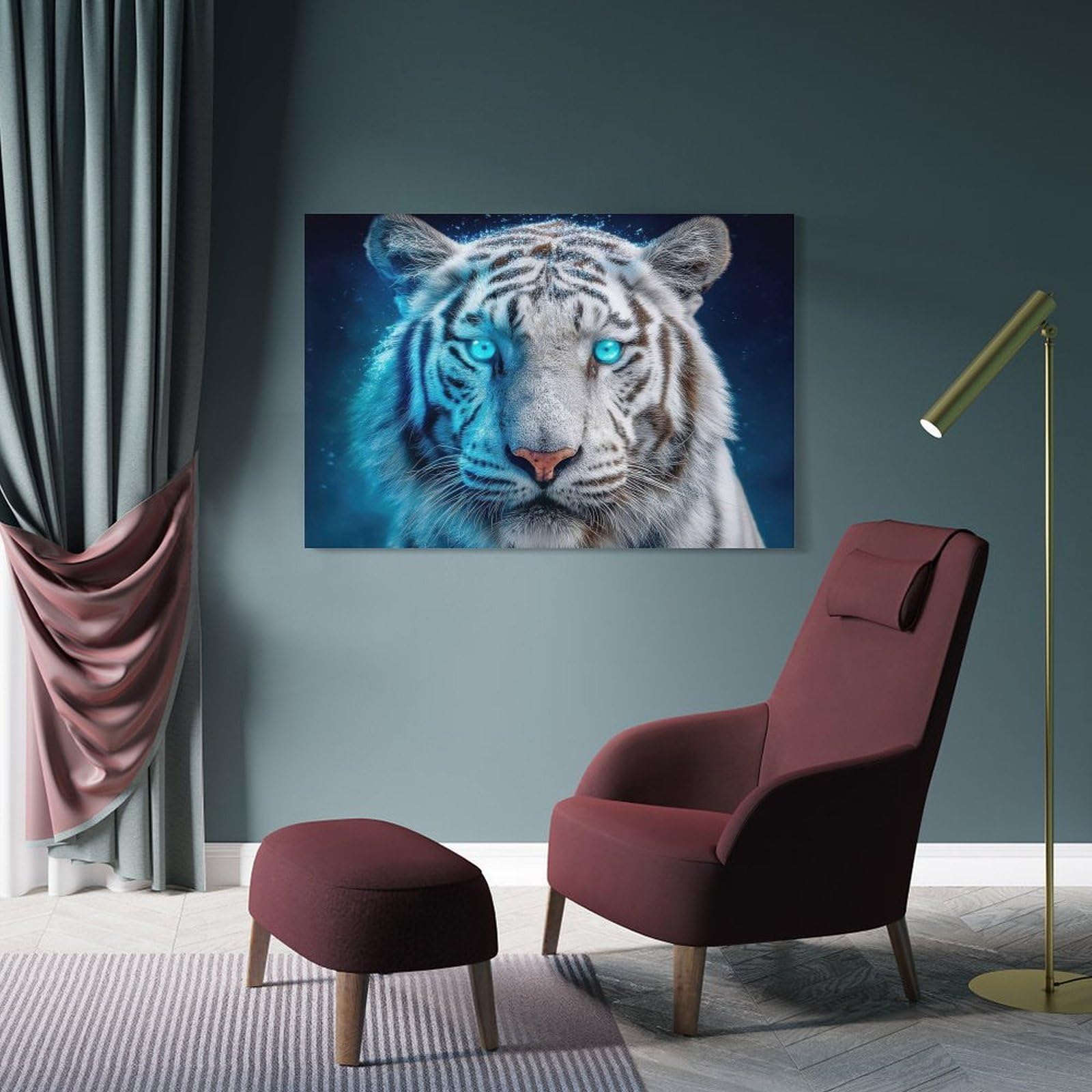 Junmoney White Tiger with Glowing Blue Eyes Home Decor Wall Art, 08x12inch(20x30cm), for Lounge, Bedroom Or Personal Spaces, Thoughtful Wall Decor for Art Lovers